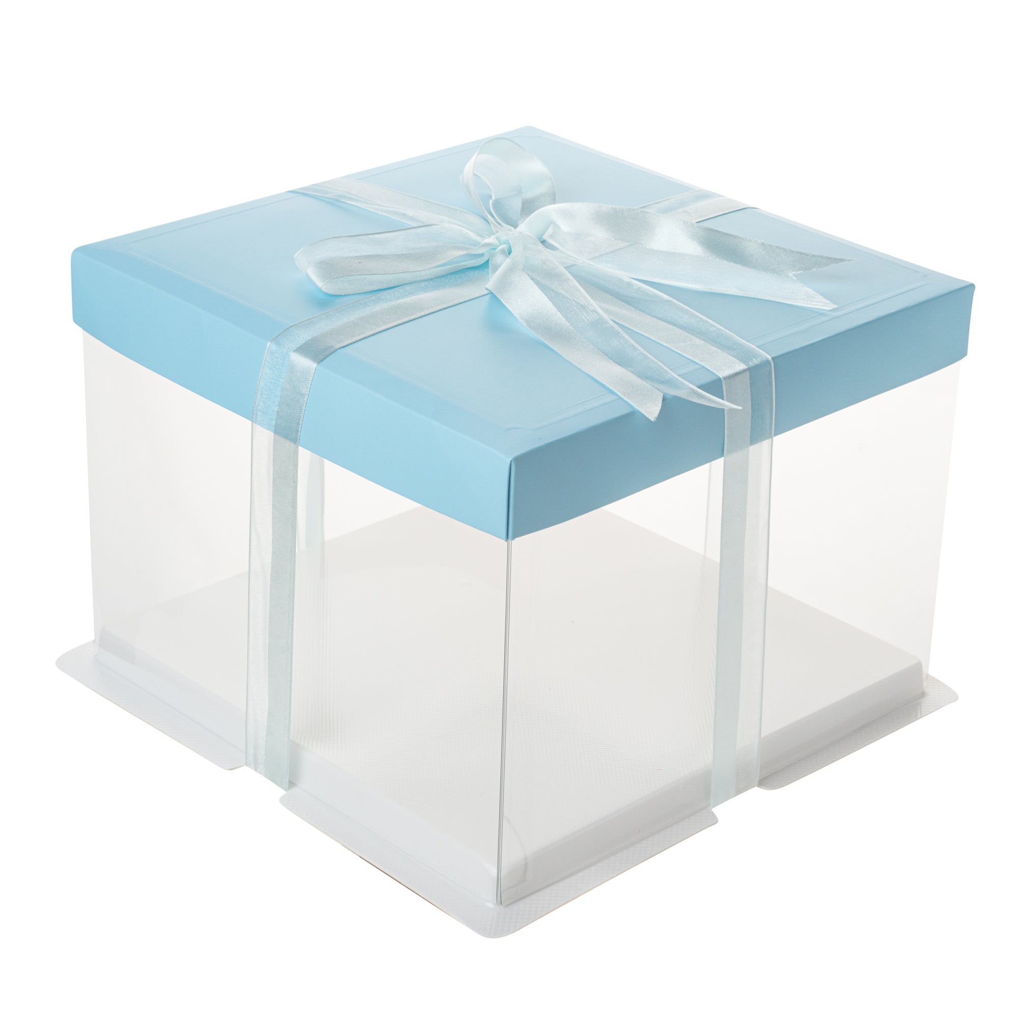 Sweet Vision Square Clear Plastic Cake Box - Blue Lid and White Base, Blue Ribbon - 8 1/2" x 8 1/2" x 6 3/4" - 10 count box