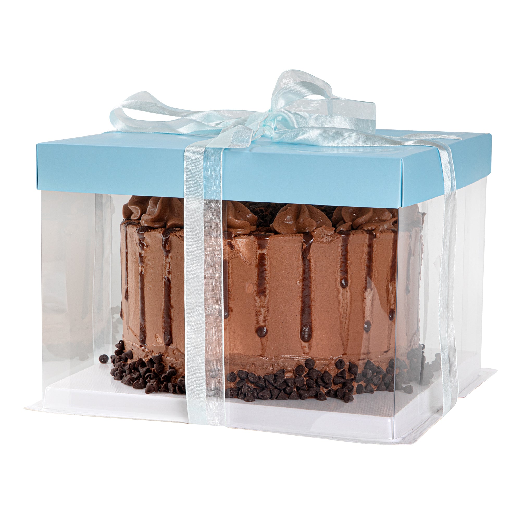 Sweet Vision Square Clear Plastic Cake Box - Blue Lid and White Base, Blue Ribbon - 8 1/2" x 8 1/2" x 6 3/4" - 10 count box