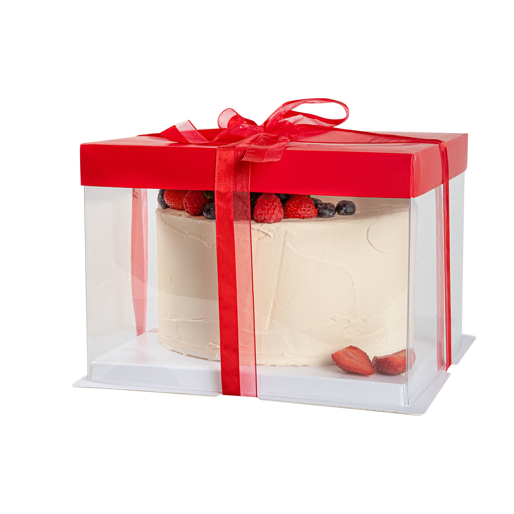 Sweet Vision Square Clear Plastic Cake Box - Red Lid and White Base, Red Ribbon - 8 1/2" x 8 1/2" x 6 3/4" - 10 count box