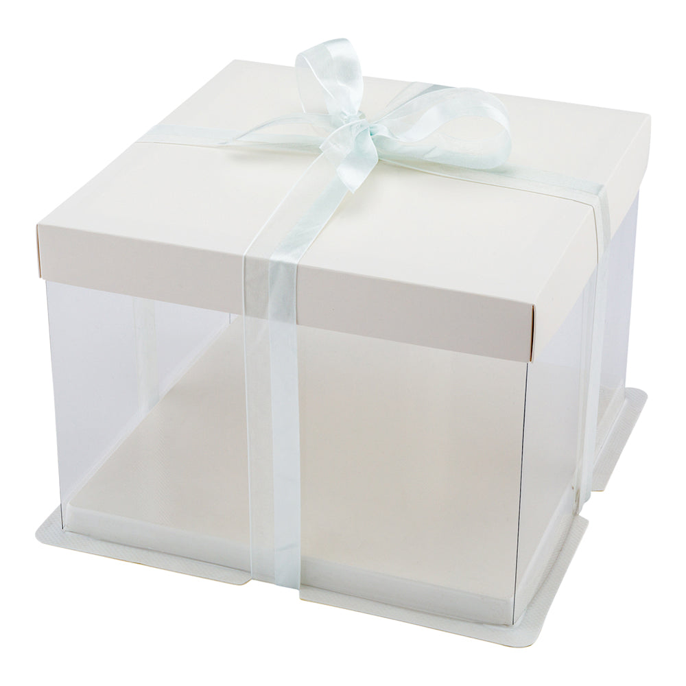 Sweet Vision Square Clear Plastic Cake Box - White Lid and White Base, Gray Ribbon - 8 1/2" x 8 1/2" x 6 3/4" - 10 count box