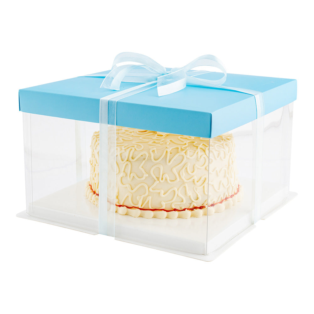 Sweet Vision Square Clear Plastic Cake Box - Blue Lid and White Base, Blue Ribbon - 10" x 10" x 8 1/4" - 10 count box