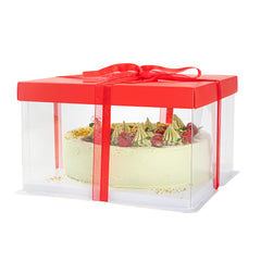 Sweet Vision Square Clear Plastic Cake Box - Red Lid and White Base, Red Ribbon - 10