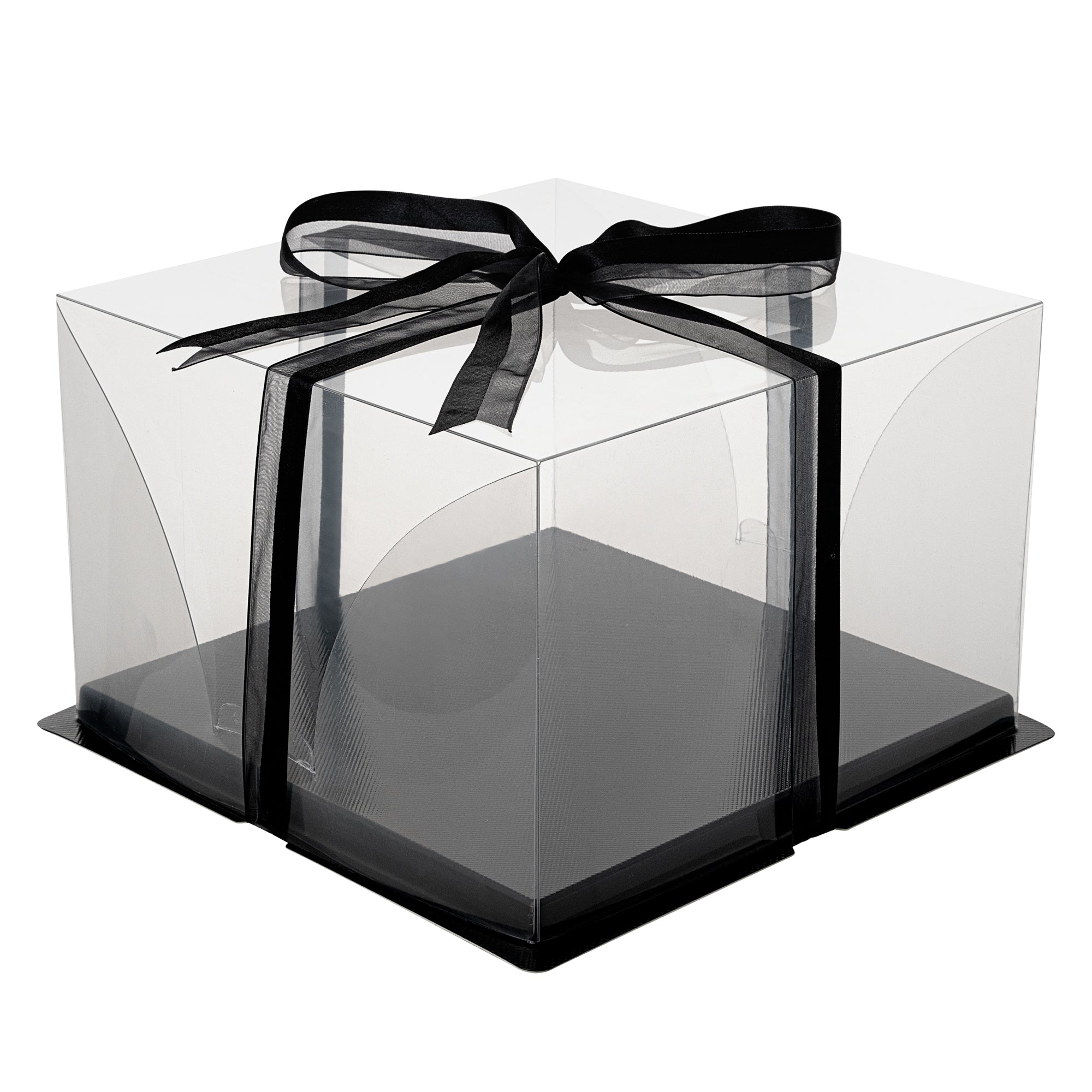 Sweet Vision Square Clear Plastic Cake Box - Black Base, Black Ribbon - 10" x 10" x 6 3/4" - 10 count box