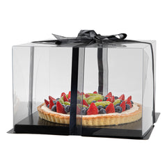 Sweet Vision Square Clear Plastic Cake Box - Black Base, Black Ribbon - 10