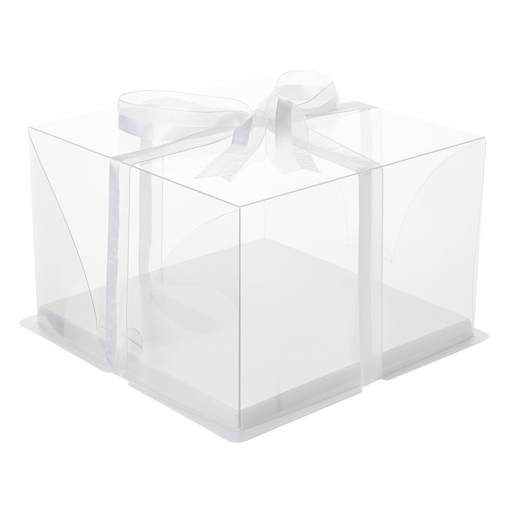 Sweet Vision Square Clear Plastic Cake Box - White Base, Gray Ribbon - 10" x 10" x 6 3/4" - 10 count box