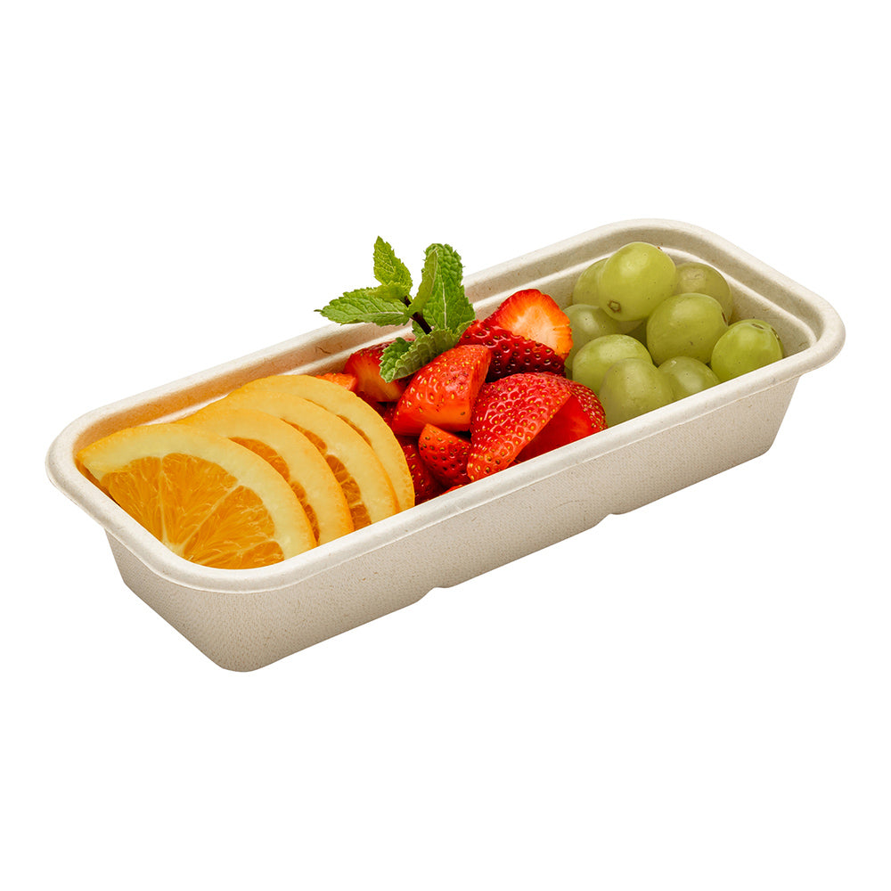 Pulp Tek 17 oz Rectangle Natural Sugarcane / Bagasse Catering Container - 9 1/4" x 3 3/4" x 1 3/4" - 100 count box