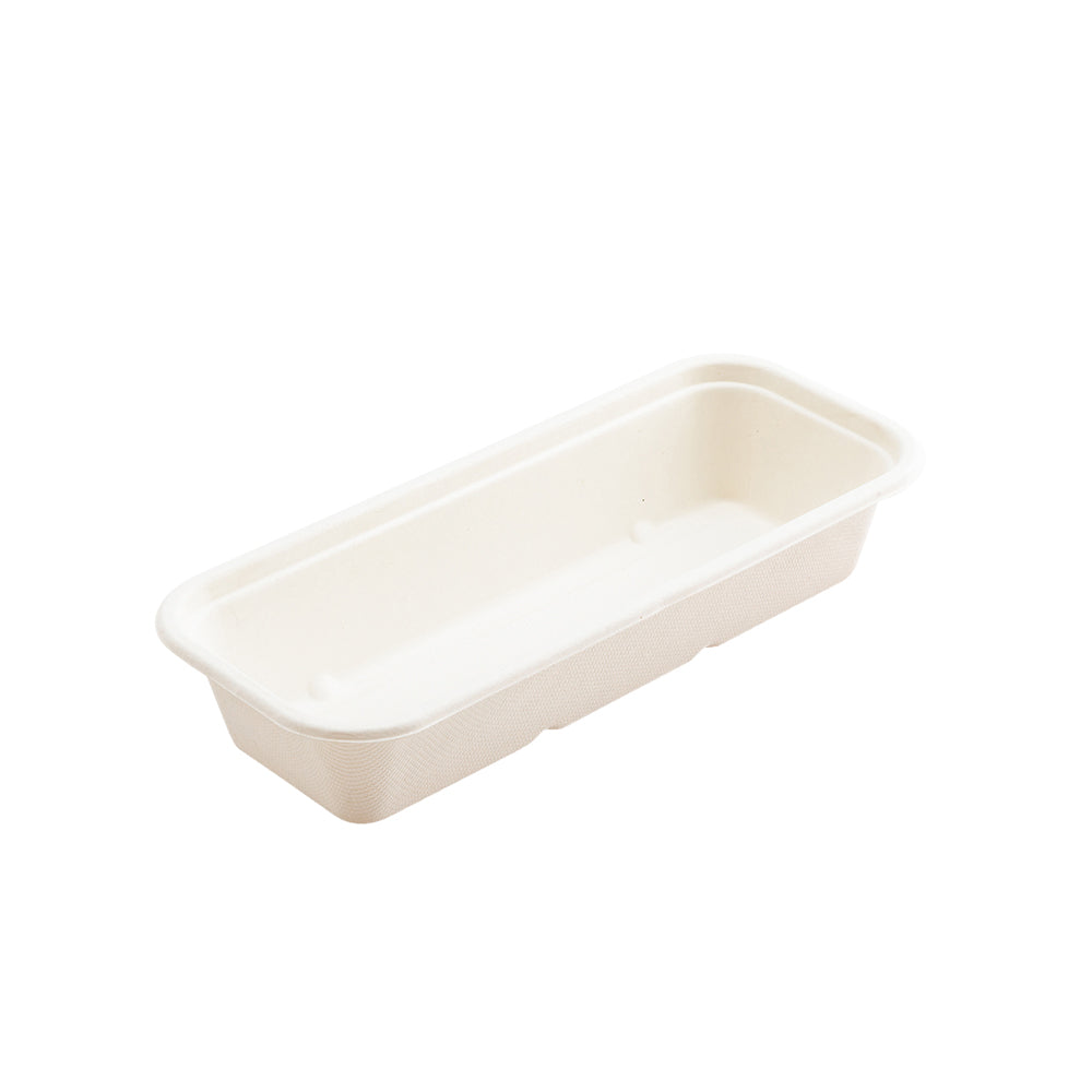 Pulp Tek 17 oz Rectangle White Sugarcane / Bagasse Catering Container - 9 1/4" x 3 3/4" x 1 3/4" - 100 count box