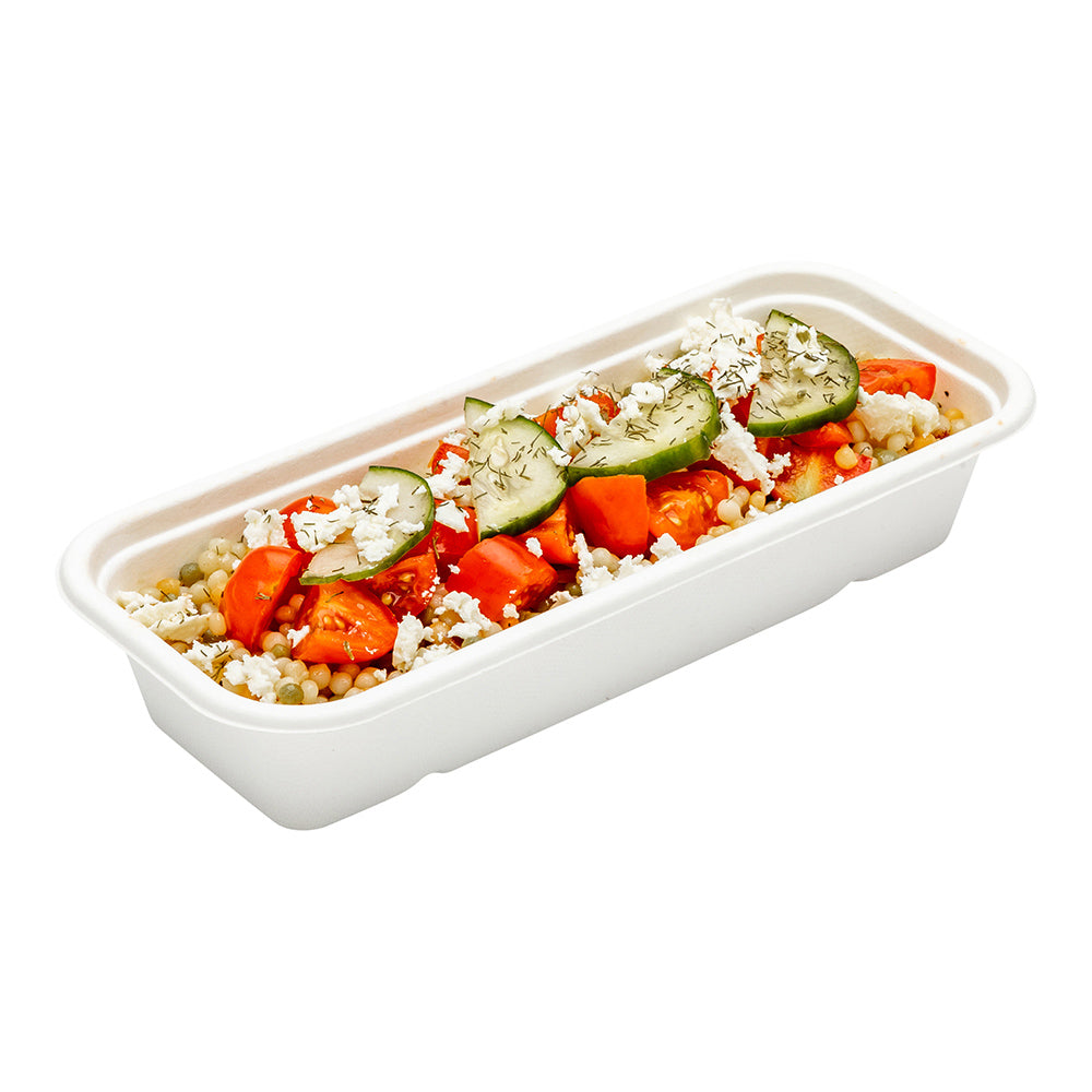 Pulp Tek 17 oz Rectangle White Sugarcane / Bagasse Catering Container - 9 1/4" x 3 3/4" x 1 3/4" - 100 count box