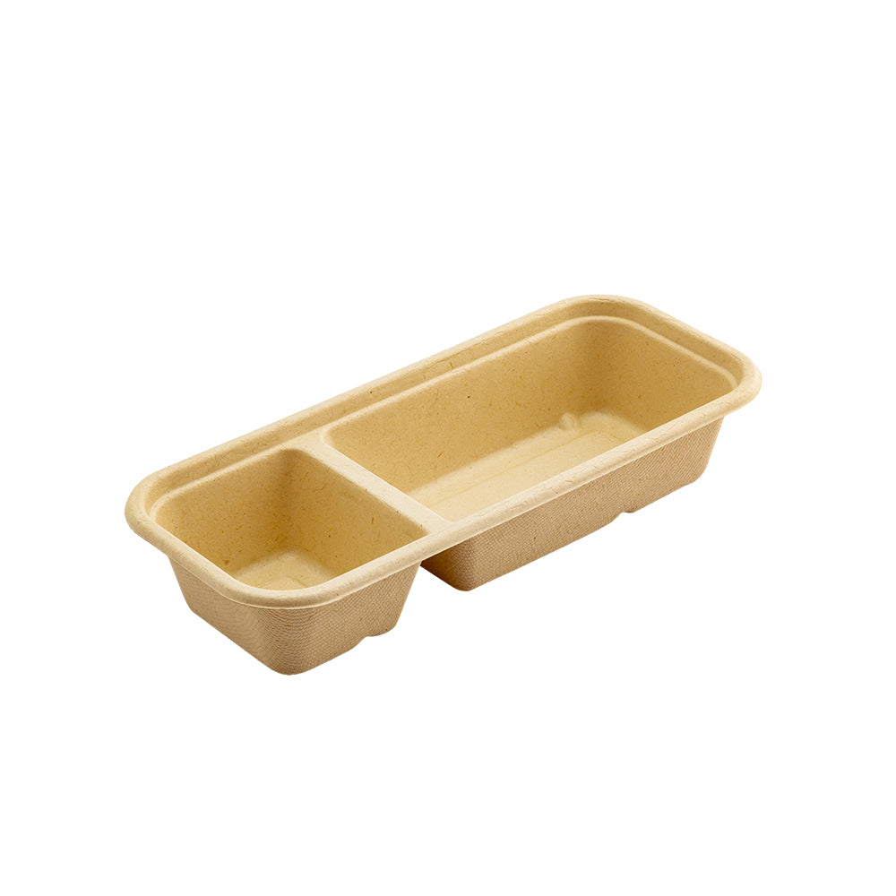 Pulp Tek 17 oz Rectangle Natural Sugarcane / Bagasse Catering Container - 2-Compartment - 9 1/4" x 3 3/4" x 1 3/4" - 100 count box