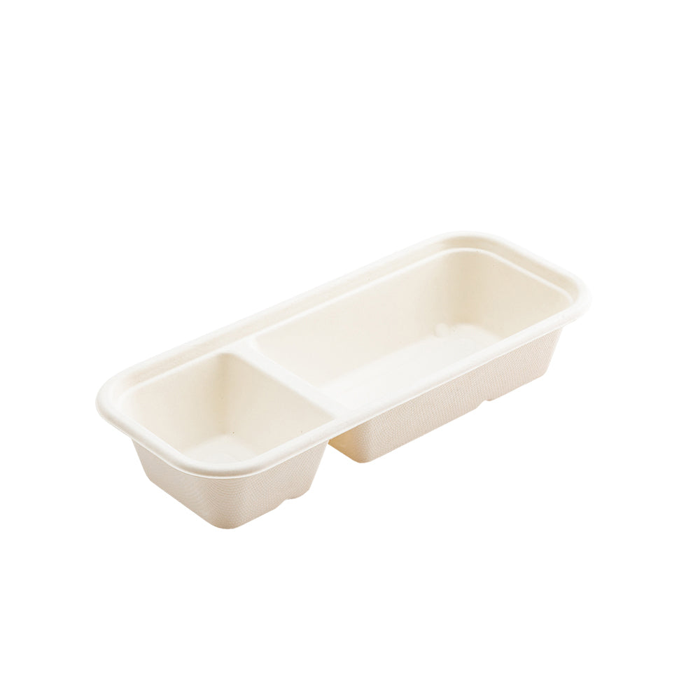 Pulp Tek 17 oz Rectangle White Sugarcane / Bagasse Catering Container - 2-Compartment - 9 1/4" x 3 3/4" x 1 3/4" - 100 count box