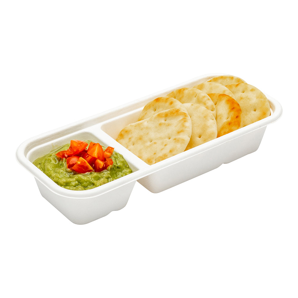 Pulp Tek 17 oz Rectangle White Sugarcane / Bagasse Catering Container - 2-Compartment - 9 1/4" x 3 3/4" x 1 3/4" - 100 count box