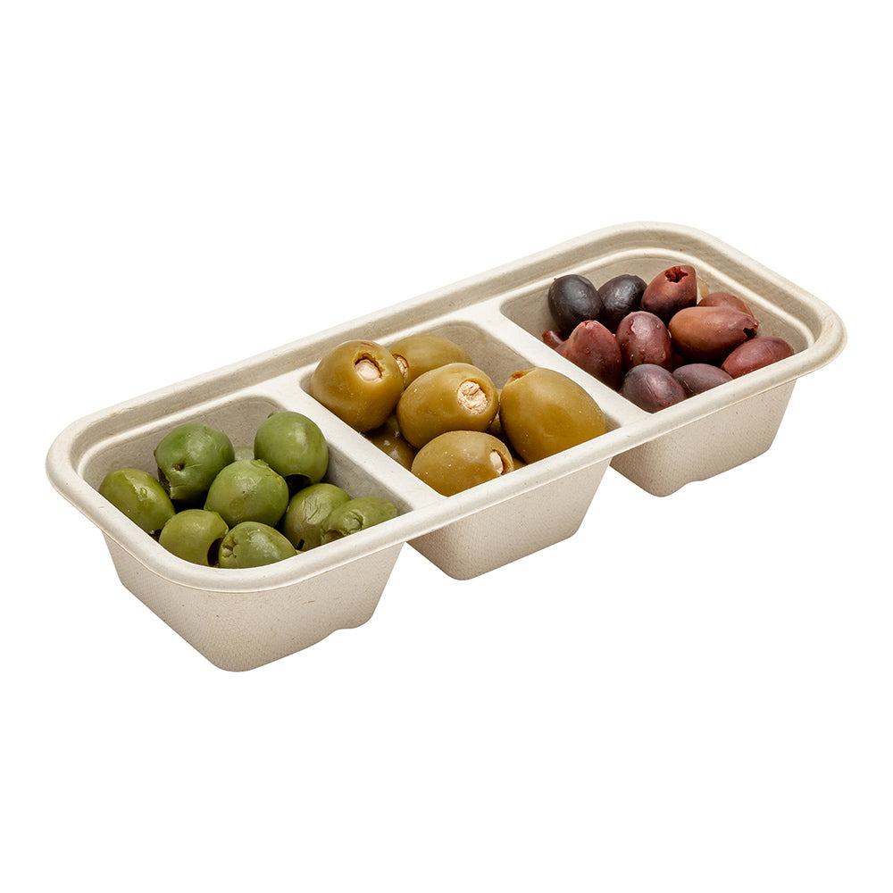 Pulp Tek 17 oz Rectangle Natural Sugarcane / Bagasse Catering Container - 3-Compartment - 9 1/4" x 3 3/4" x 1 3/4" - 100 count box