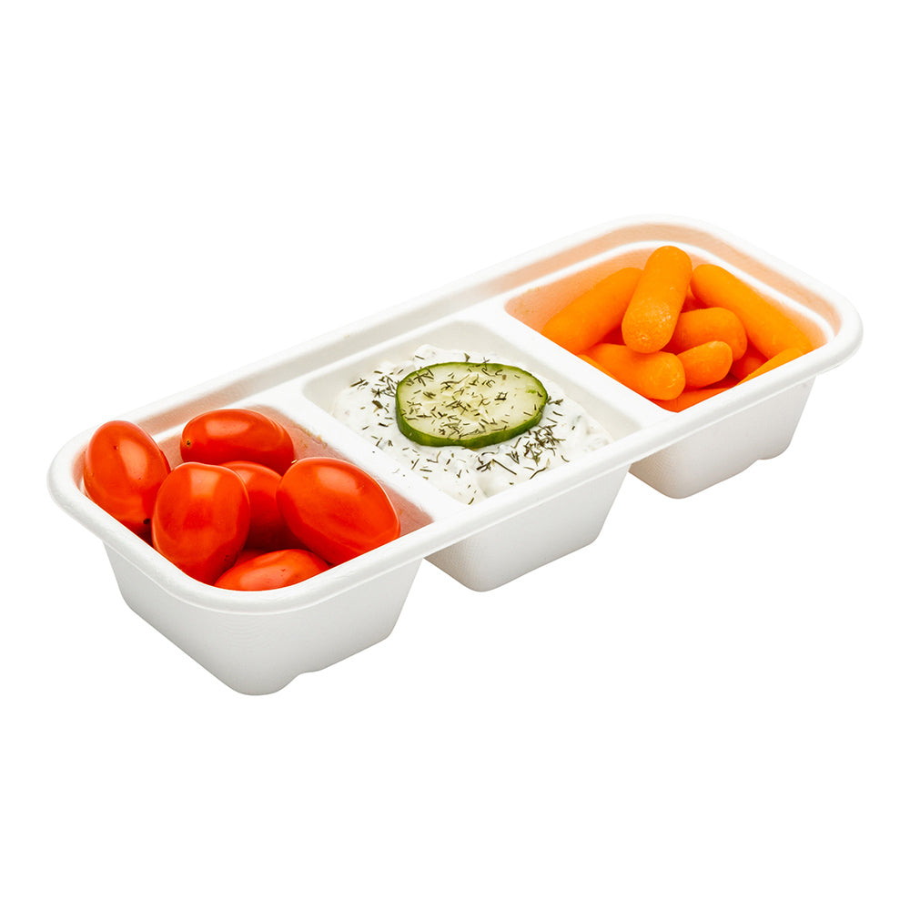 Pulp Tek 17 oz Rectangle White Sugarcane / Bagasse Catering Container - 3-Compartment - 9 1/4" x 3 3/4" x 1 3/4" - 100 count box