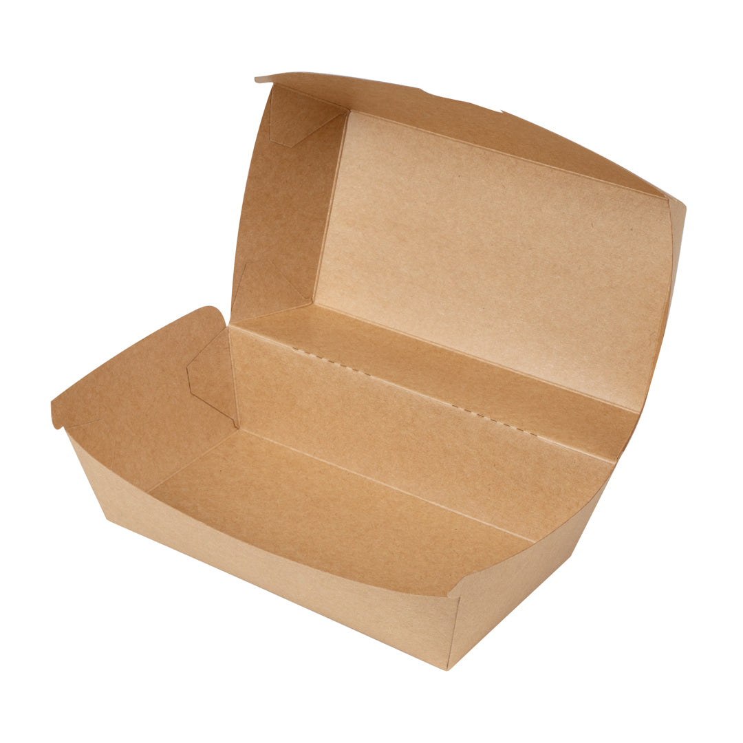 Bio Tek Rectangle Kraft Paper Hot Dog / Sandwich Clamshell Container - 6 3/4" x 3 1/2" x 3 1/2" - 100 count box