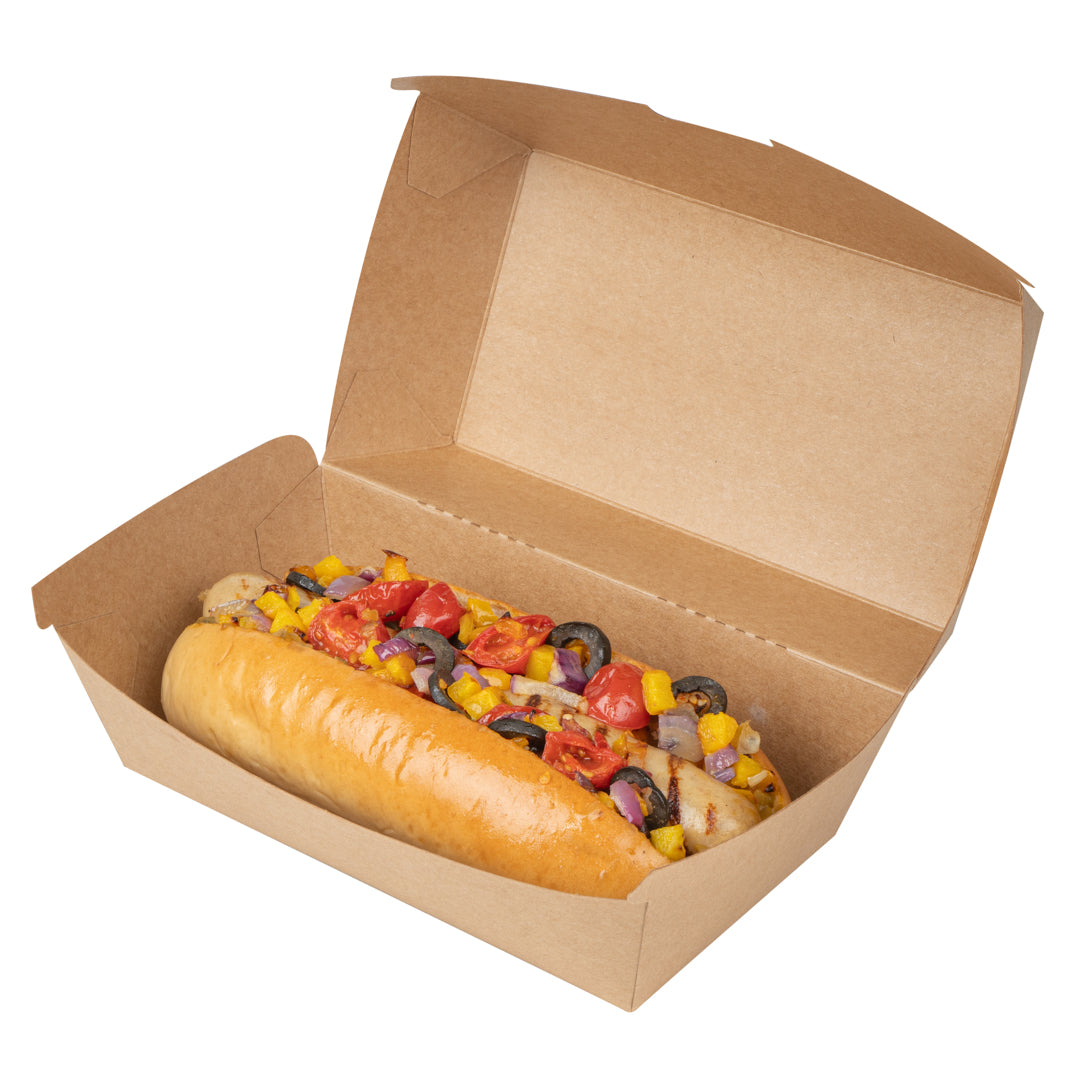 Bio Tek Rectangle Kraft Paper Hot Dog / Sandwich Clamshell Container - 6 3/4" x 3 1/2" x 3 1/2" - 100 count box