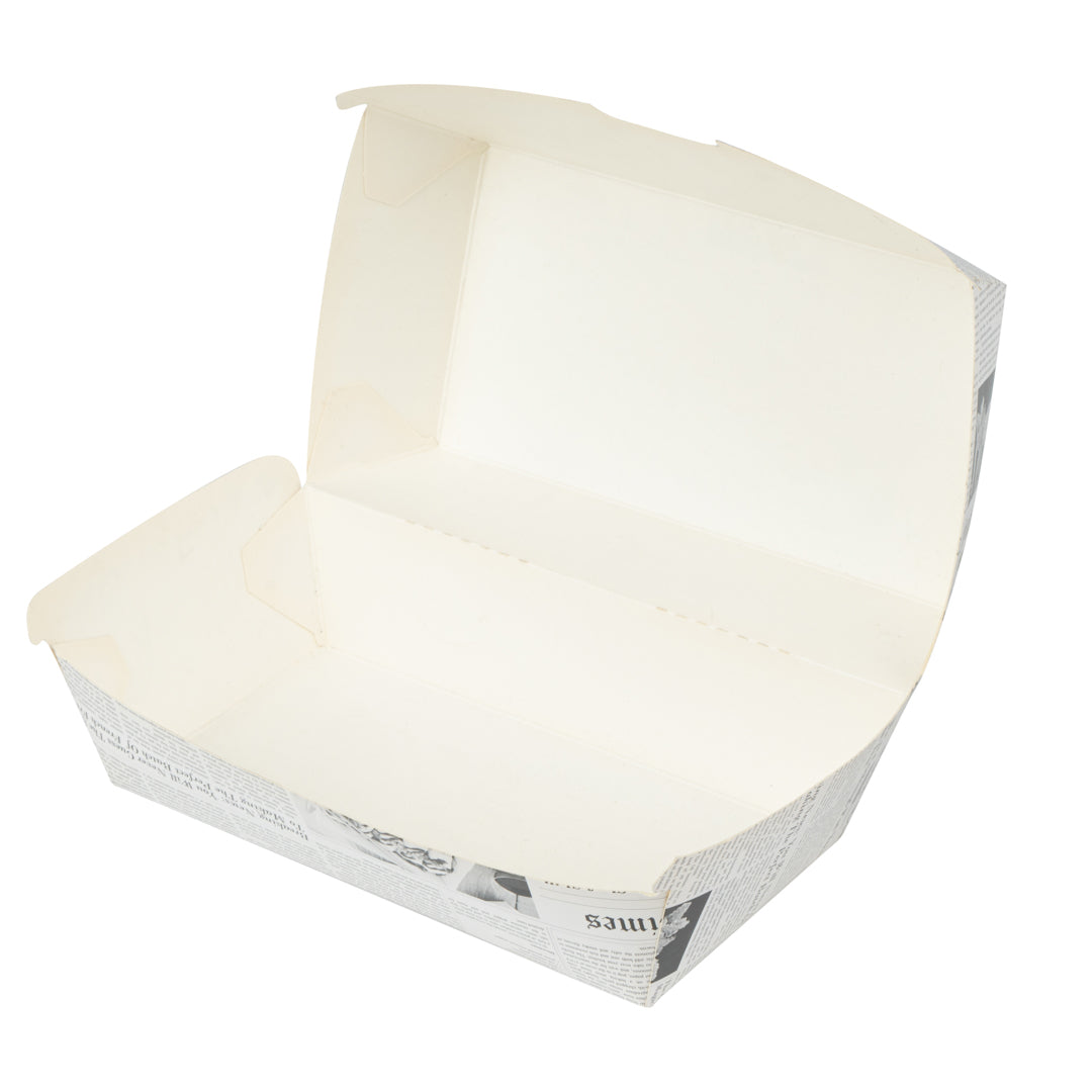 Bio Tek Rectangle Newsprint Paper Hot Dog / Sandwich Clamshell Container - 6 3/4" x 3 1/2" x 3 1/2" - 100 count box