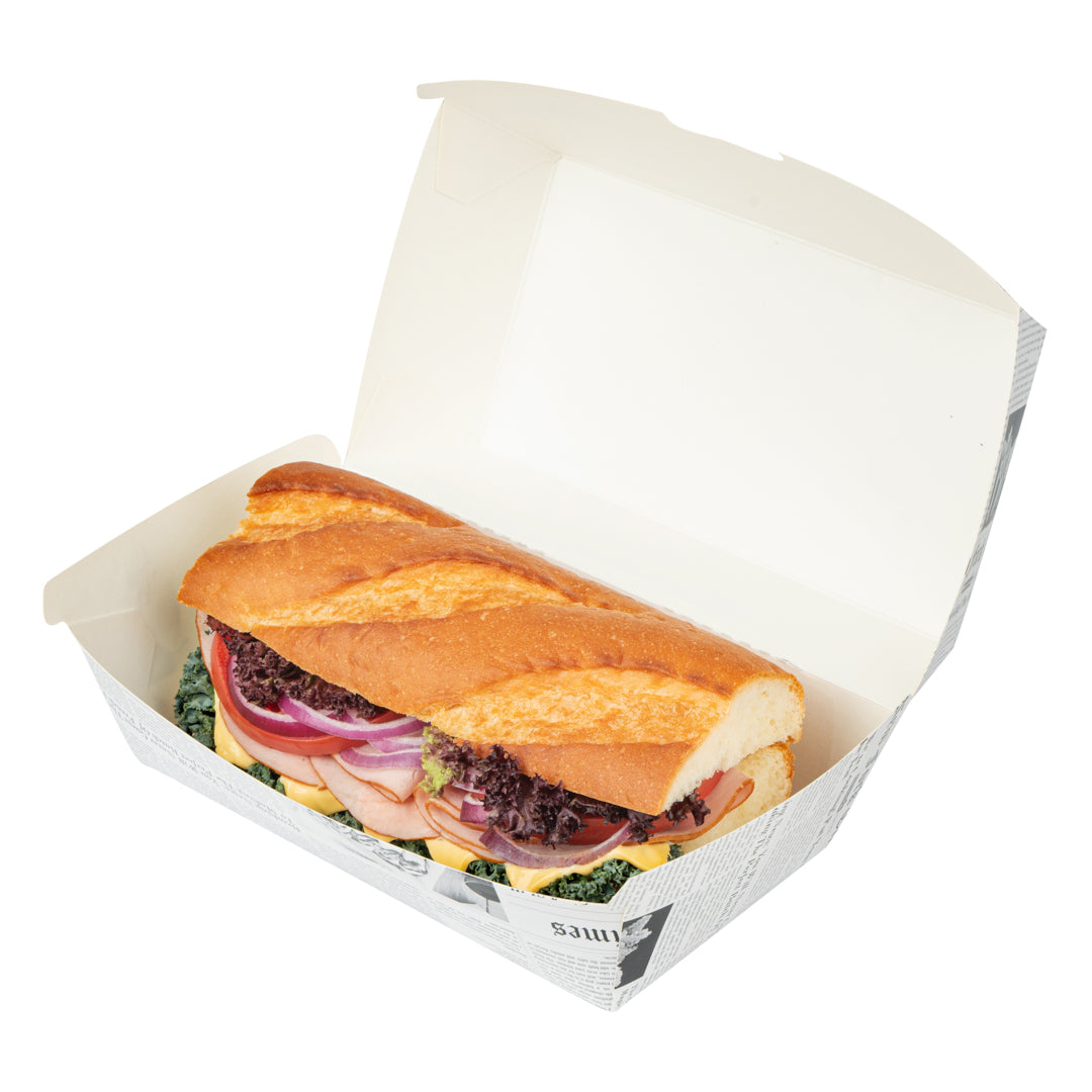 Bio Tek Rectangle Newsprint Paper Hot Dog / Sandwich Clamshell Container - 6 3/4" x 3 1/2" x 3 1/2" - 100 count box