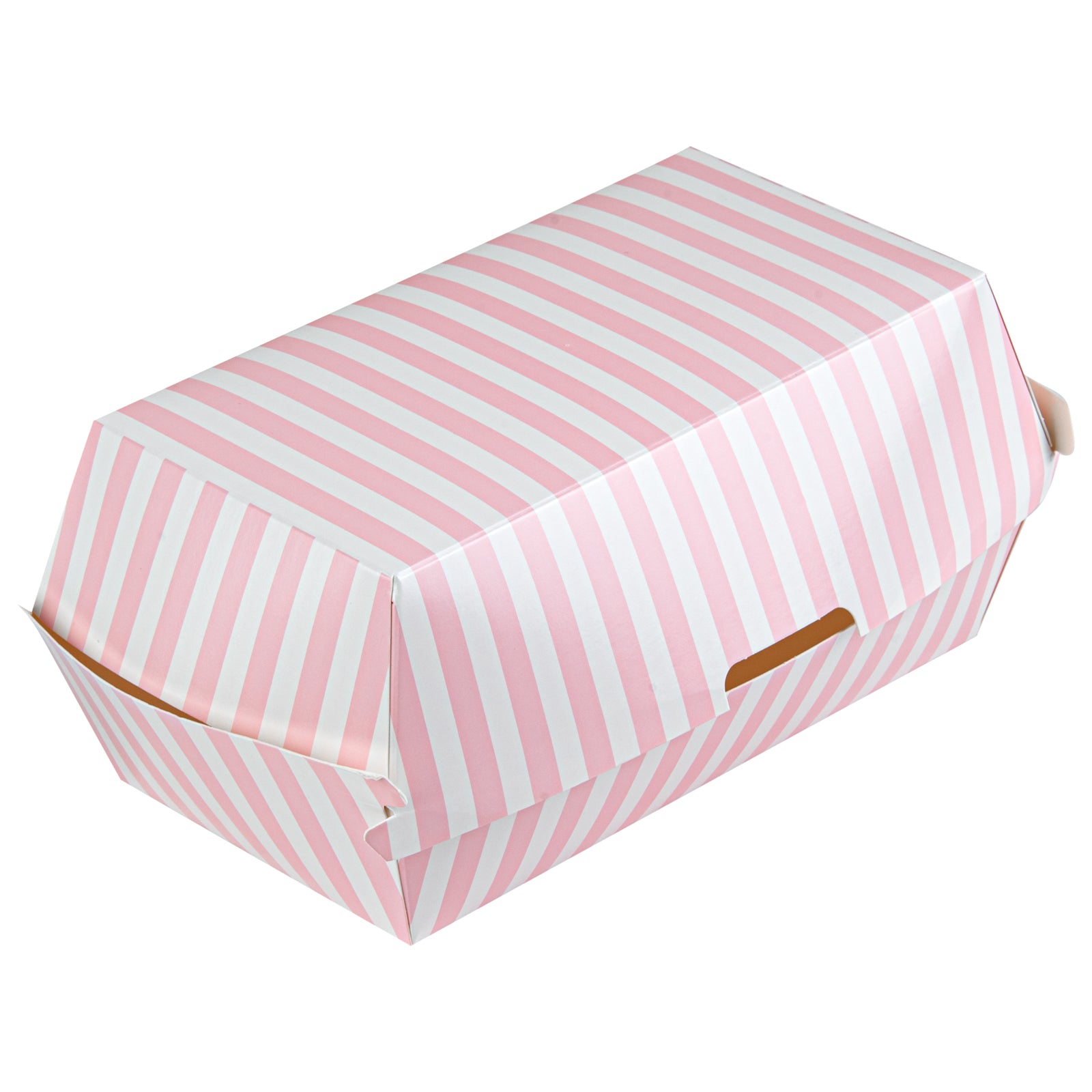 Bio Tek Rectangle Pink and White Stripe Paper Hot Dog / Sandwich Clamshell Container - 6 3/4" x 3 1/2" x 3 1/2" - 100 count box