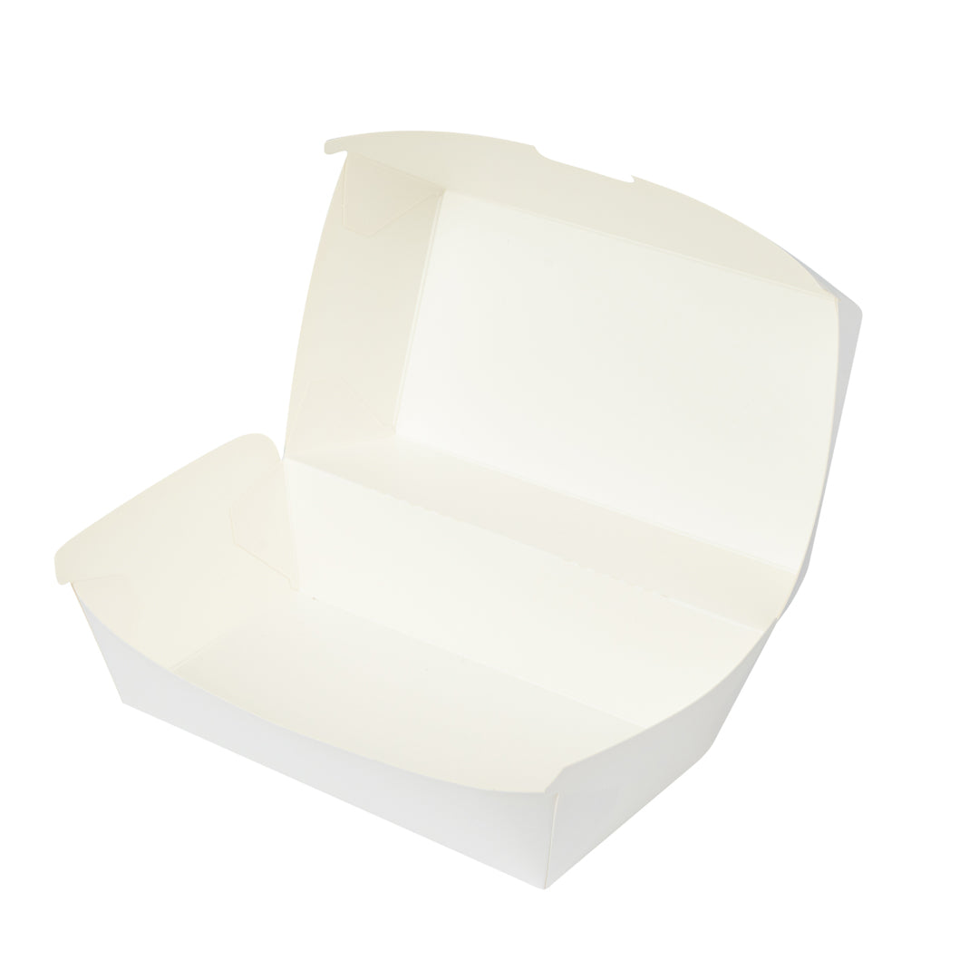 Bio Tek Rectangle White Paper Hot Dog / Sandwich Clamshell Container - 6 3/4" x 3 1/2" x 3 1/2" - 100 count box