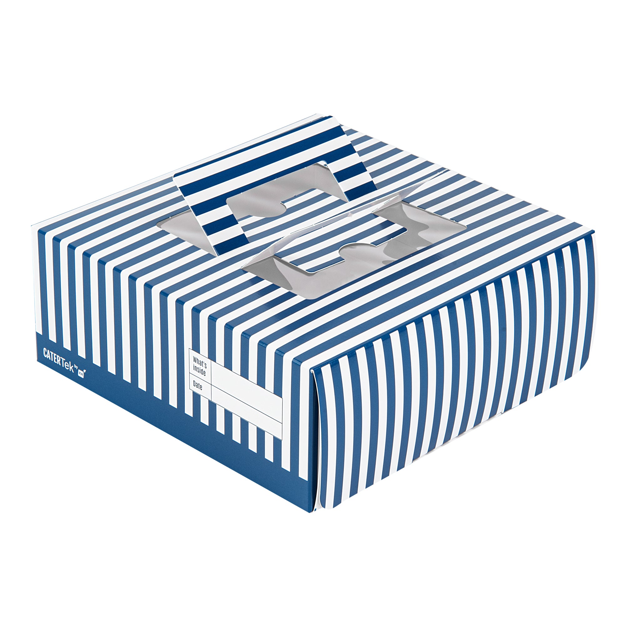 Cater Tek Square Blue and White Stripe Paper Cake / Lunch Box - with Pop-Up Handle, Window - 9" x 9" x 3 1/2" - 50 count box