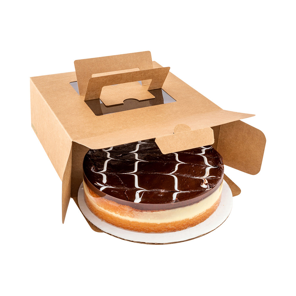 Cater Tek Square Kraft Paper Cake / Lunch Box - with Pop-Up Handle, Window - 9" x 9" x 3 1/2" - 50 count box