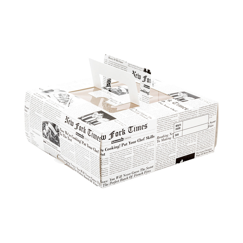 Cater Tek Square Newsprint Paper Cake / Lunch Box - with Pop-Up Handle, Window - 9" x 9" x 3 1/2" - 50 count box