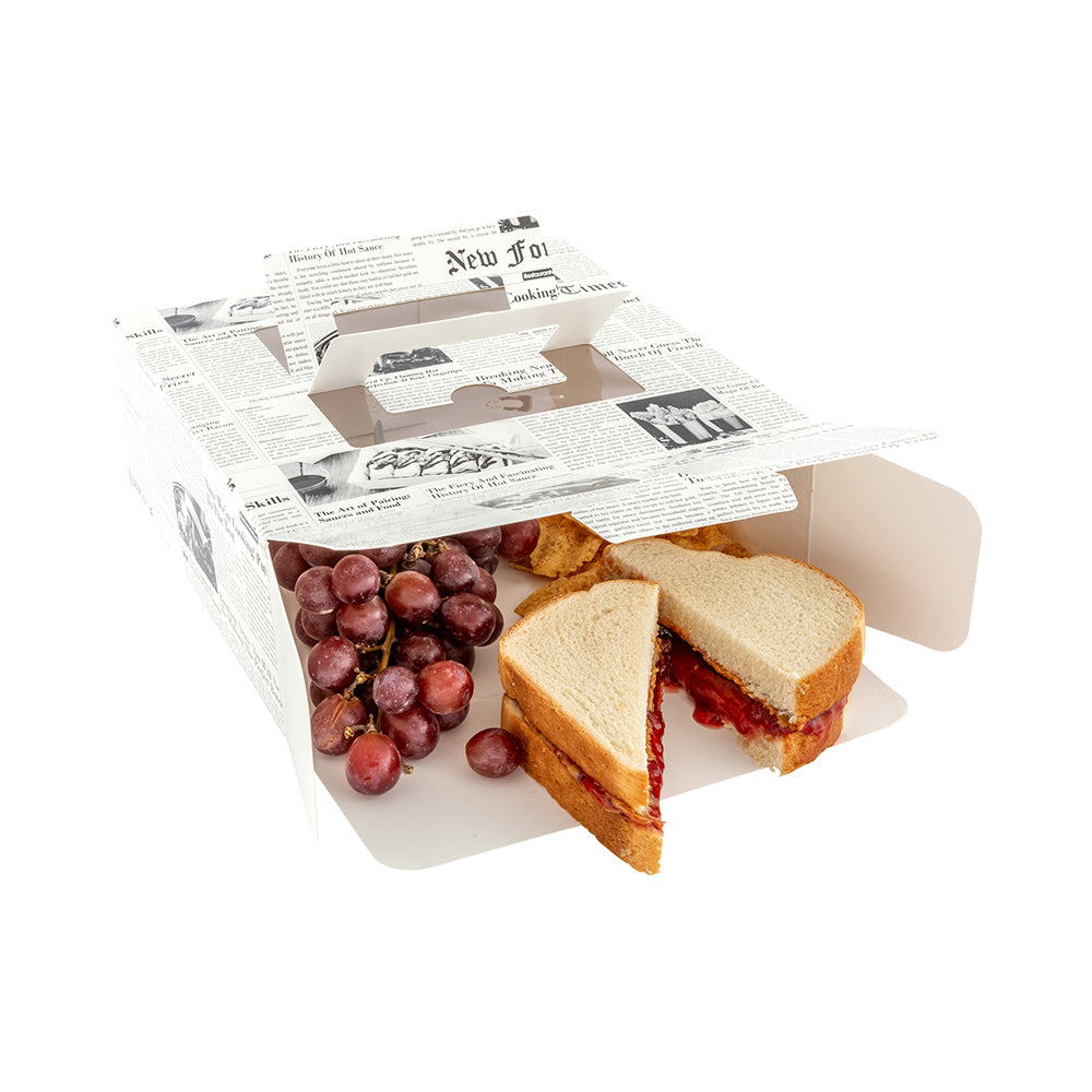 Cater Tek Square Newsprint Paper Cake / Lunch Box - with Pop-Up Handle, Window - 9" x 9" x 3 1/2" - 50 count box