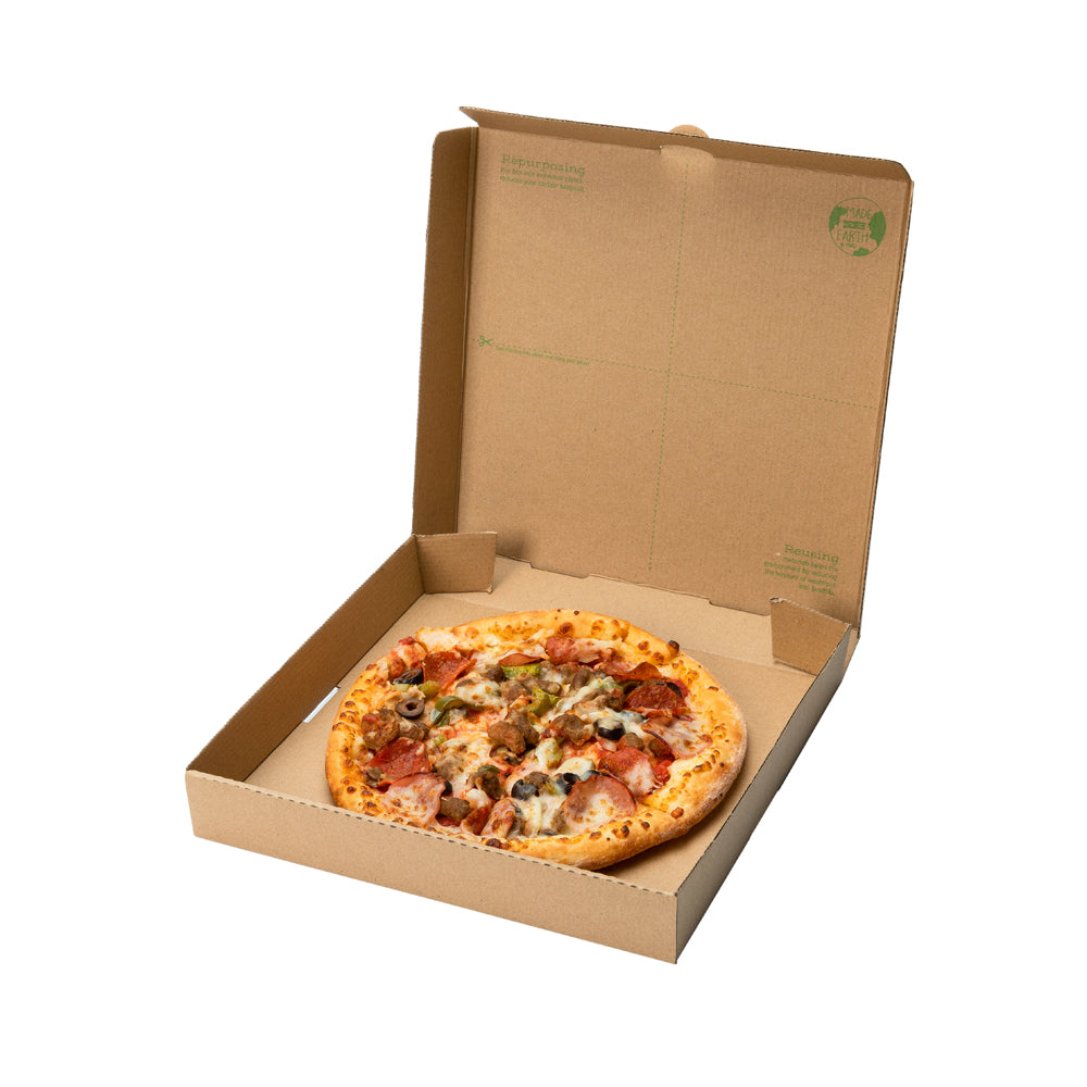 Eco Pie Kraft and Green Paper Corrugated Pizza Box - Repurpose for Plates - 12 1/2" x 12 1/2" x 1 3/4" - 50 count box