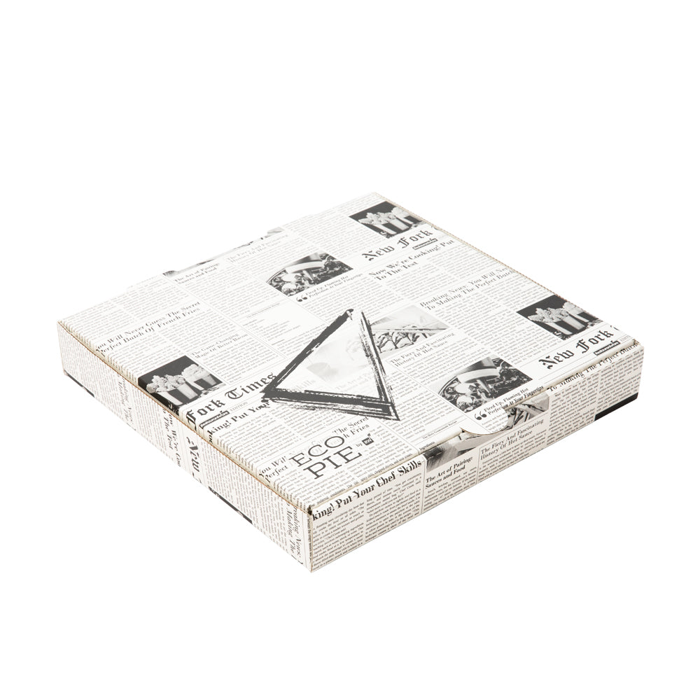 Eco Pie Newsprint and White Paper Corrugated Pizza Box - Repurpose for Plates - 12 1/2" x 12 1/2" x 1 3/4" - 50 count box