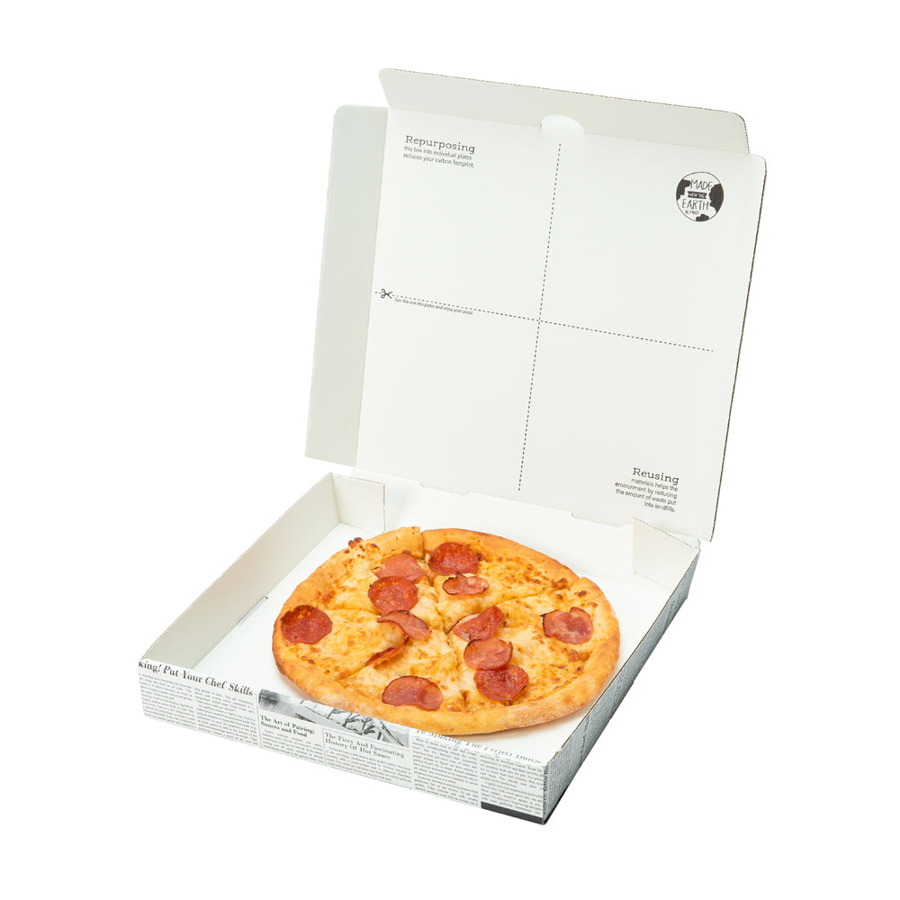 Eco Pie Newsprint and White Paper Corrugated Pizza Box - Repurpose for Plates - 12 1/2" x 12 1/2" x 1 3/4" - 50 count box