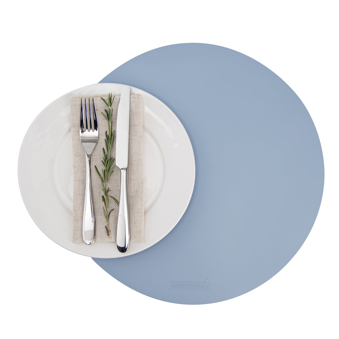 Round Light Blue Vinyl Placemat - Embossed - 15" x 15" - 6 count box