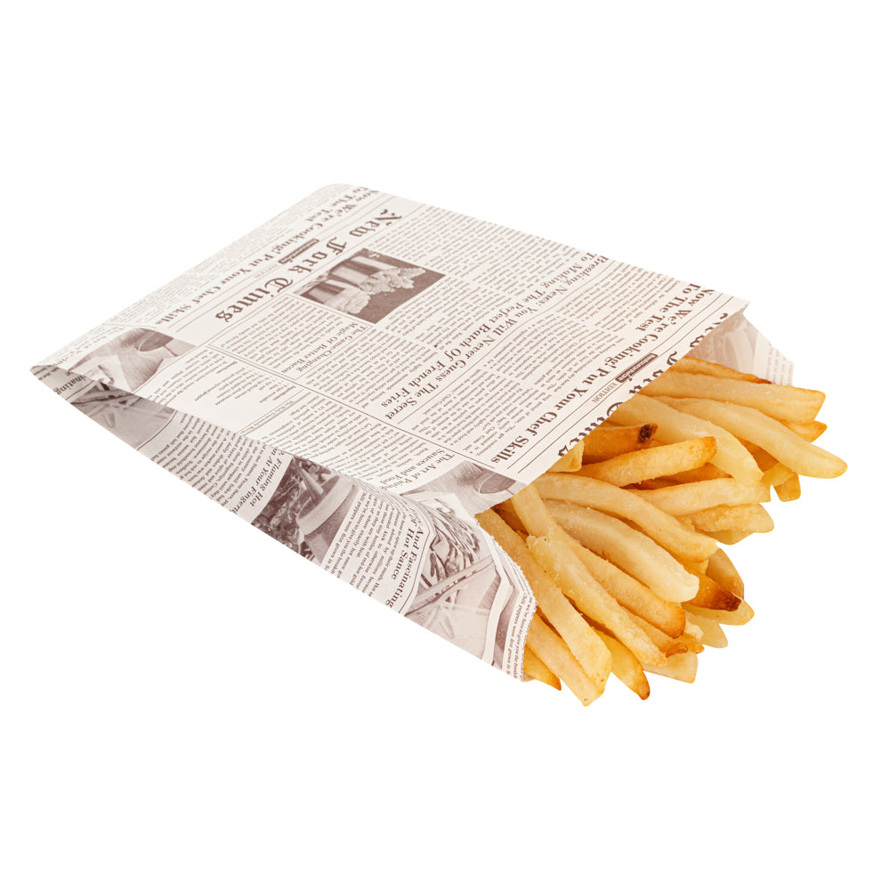 Bag Tek Sepia Newsprint Paper French Fry / Snack Bag - 4 1/4" x 1 1/2" x 6 1/4" - 100 count box