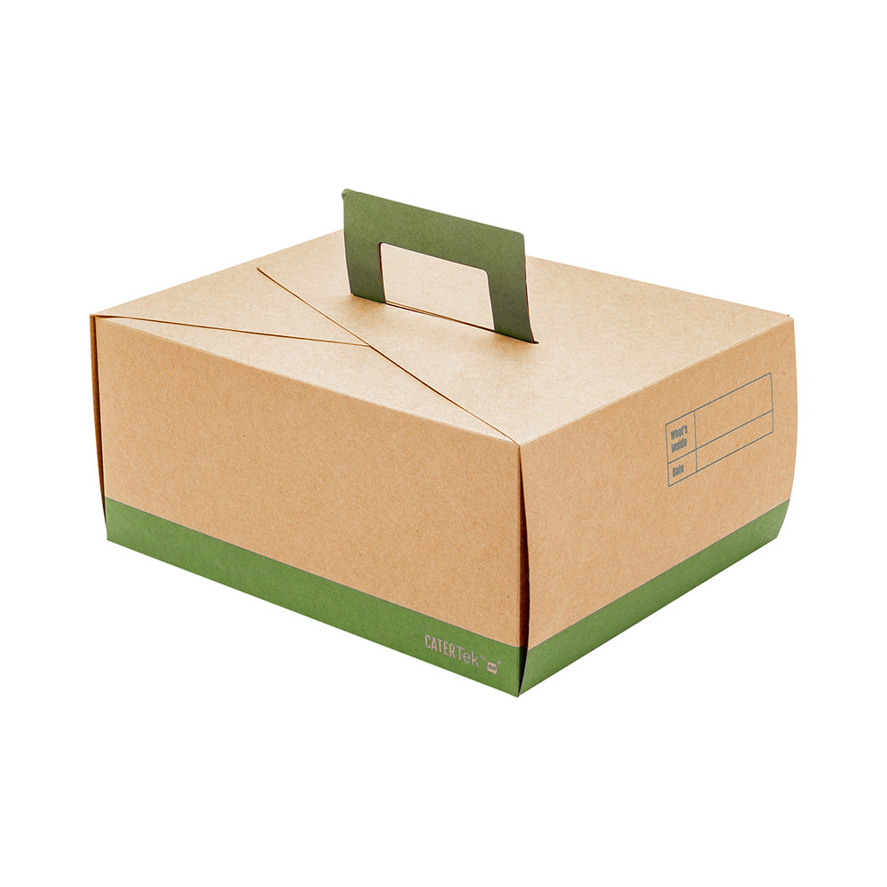 Cater Tek Rectangle Kraft and Green Paper Lunch Box - with Handle - 9" x 7" x 3" - 100 count box