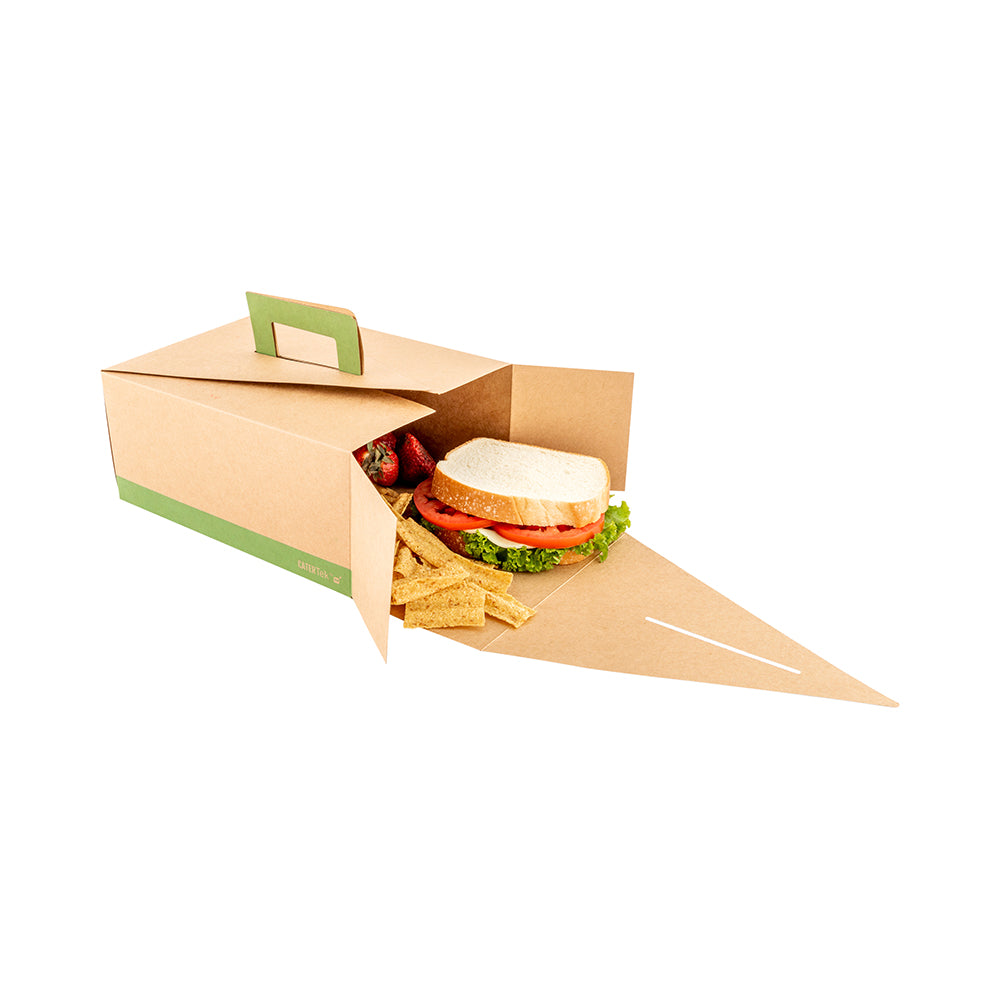 Cater Tek Rectangle Kraft and Green Paper Lunch Box - with Handle - 9" x 7" x 3" - 100 count box