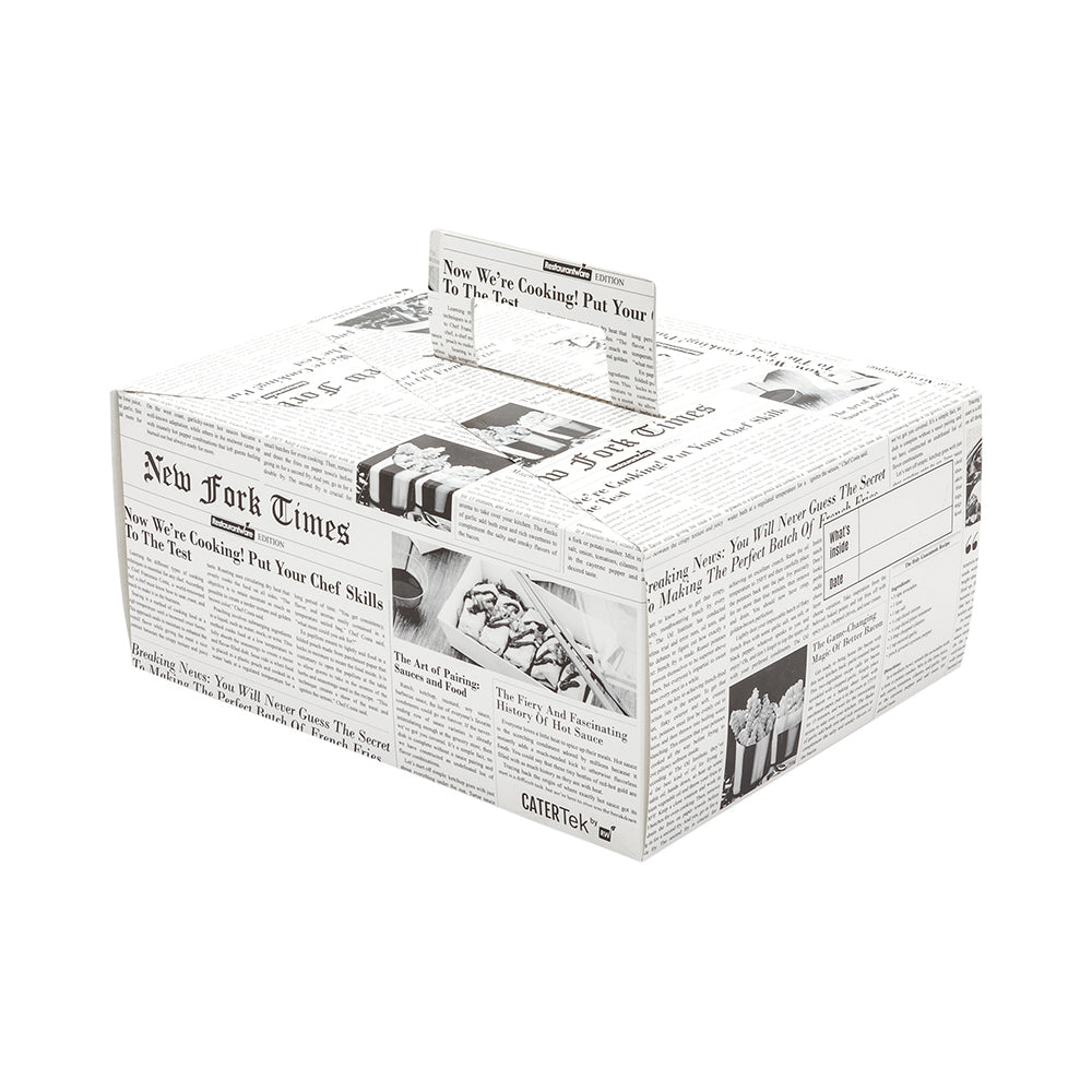 Cater Tek Rectangle Newsprint Paper Lunch Box - with Handle - 9" x 7" x 3" - 100 count box