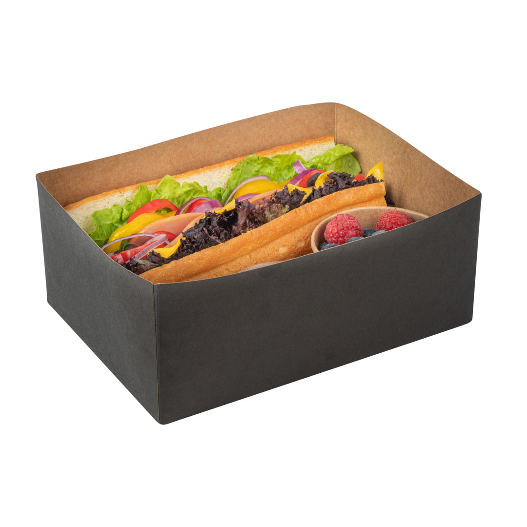 Bio Tek Rectangle Black Paper Sandwich / Burger Open Tray - 8 1/2" x 6" x 3 1/2"  -  100 count box