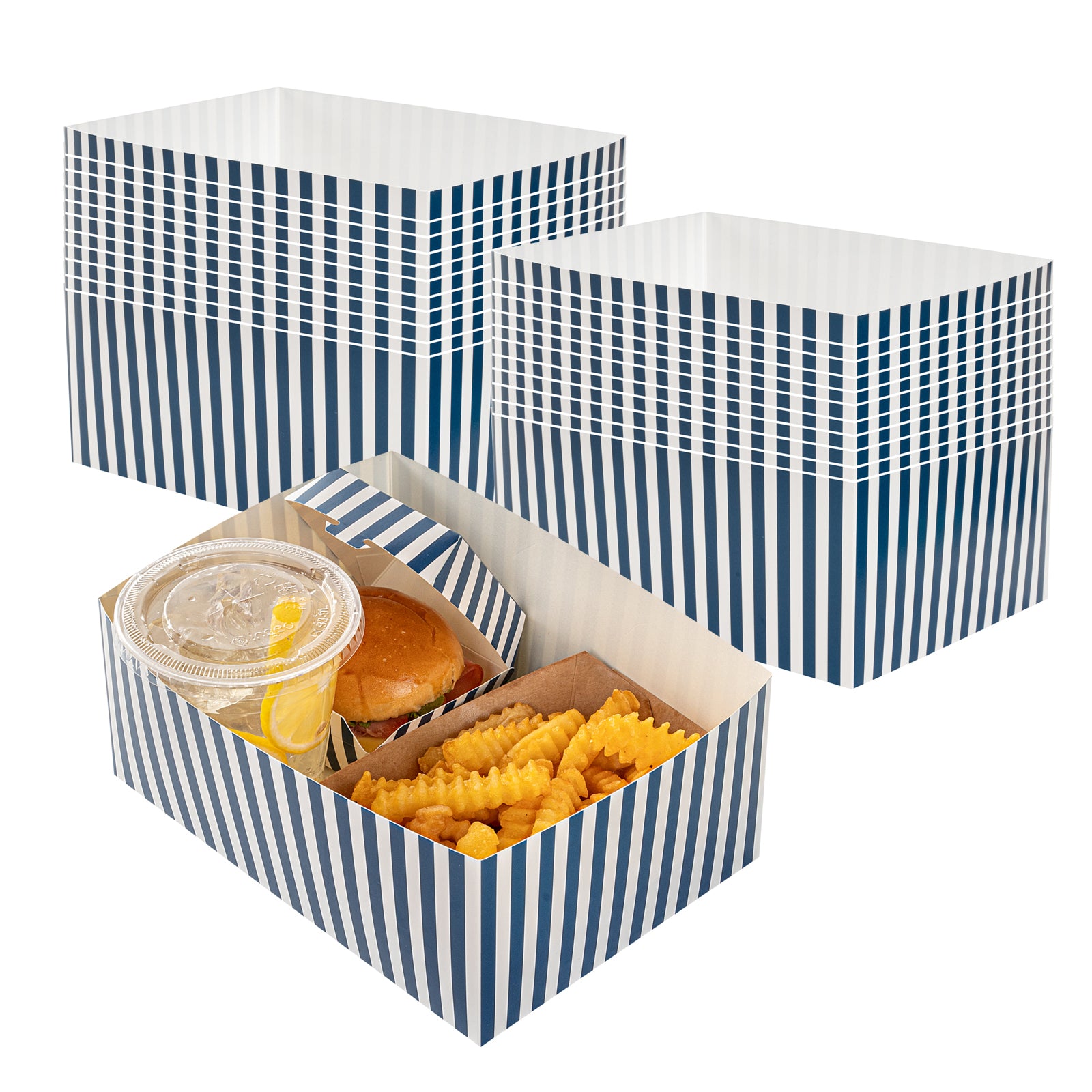 Bio Tek Rectangle Blue and White Stripe Paper Sandwich / Burger Open Tray - 8 1/2" x 6" x 3 1/2" - 100 count box