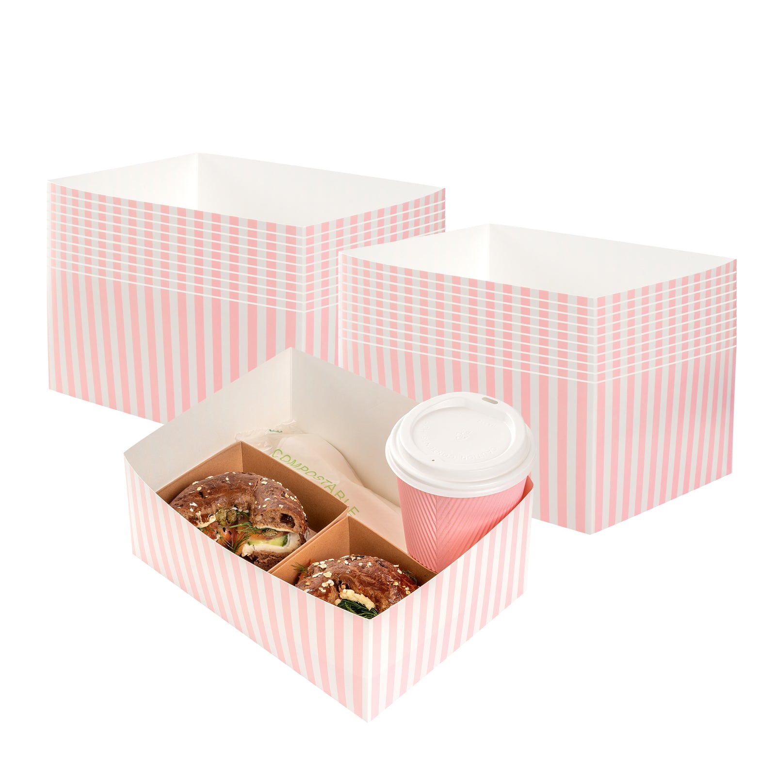 Bio Tek Rectangle Pink and White Stripe Paper Sandwich / Burger Open Tray - 8 1/2" x 6" x 3 1/2" - 100 count box