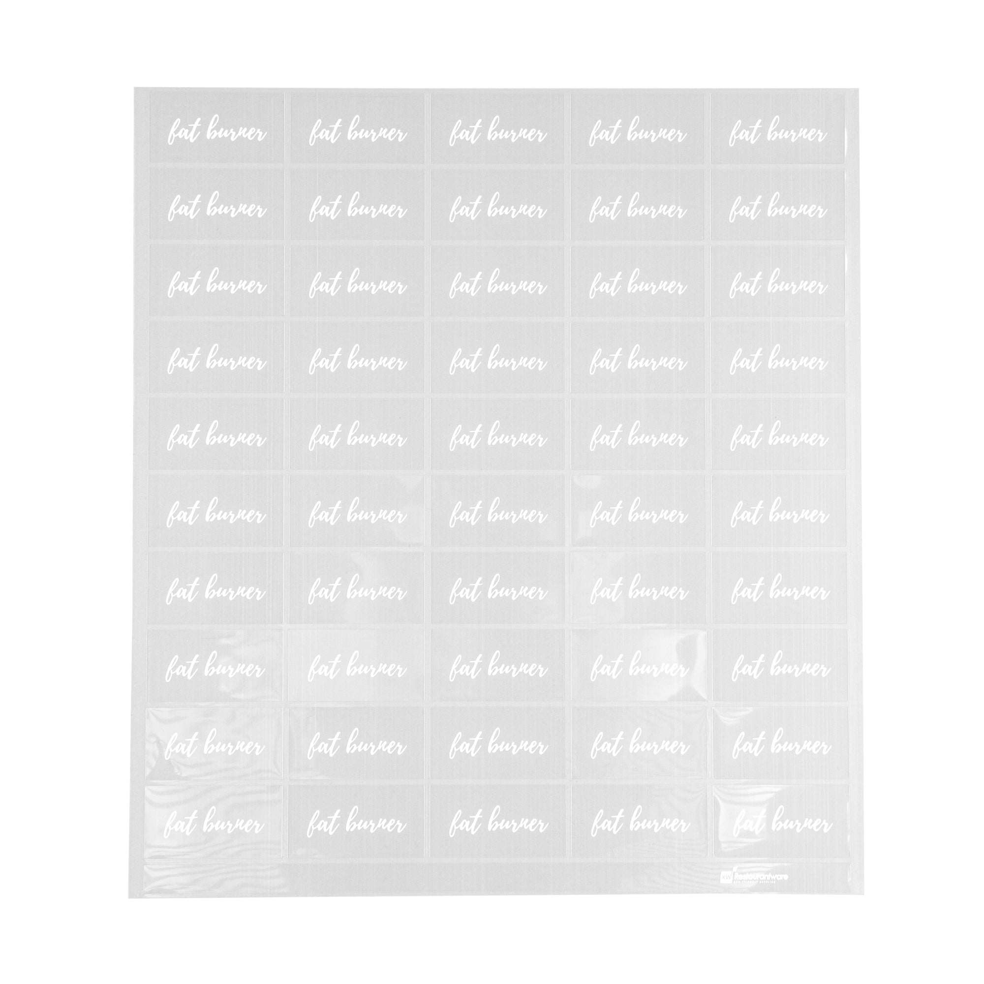 Label Tek Plastic Fat Burner Label - Clear with White Font, Water-Resistant - 2" x 1" - 100 count box