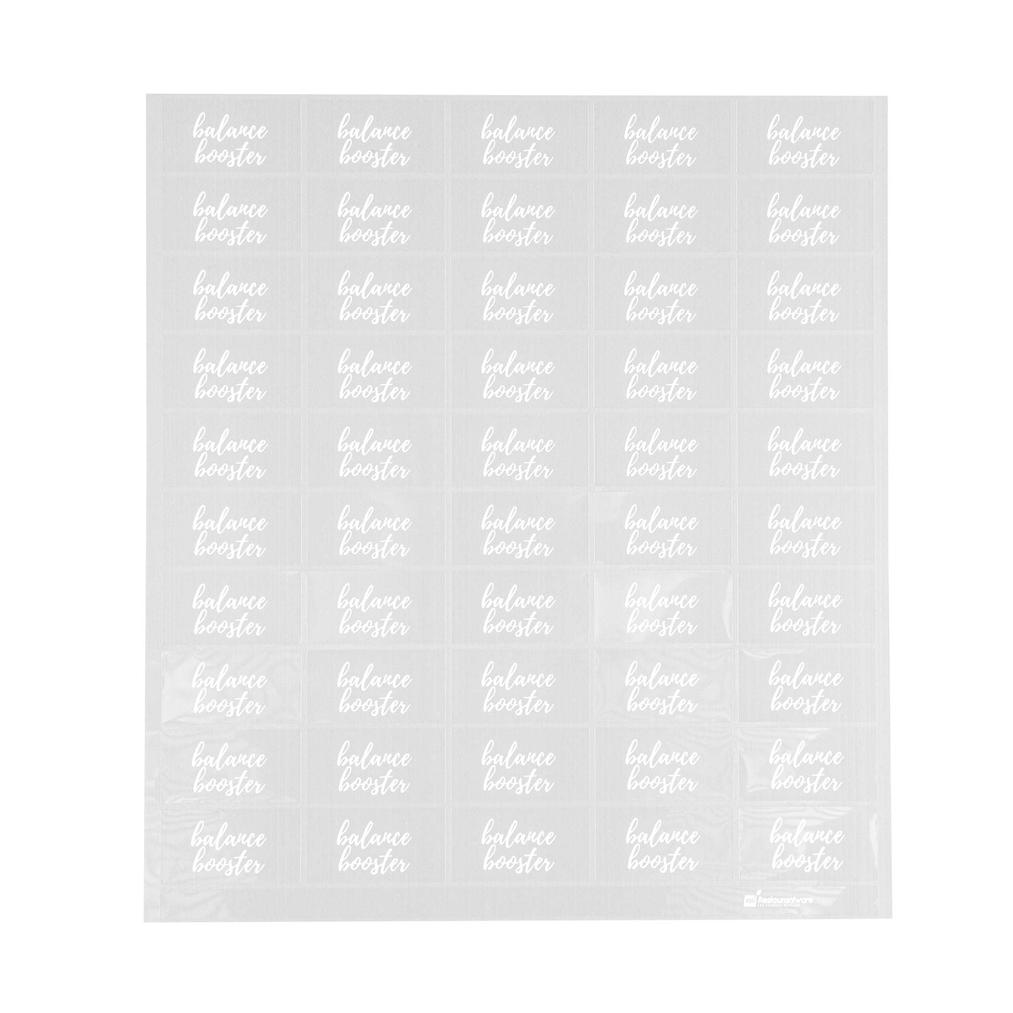 Label Tek Plastic Balance Booster Label - Clear with White Font, Water-Resistant - 2" x 1" - 100 count box