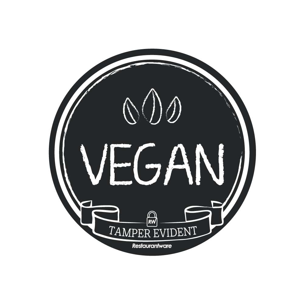 Label Tek Plastic Vegan Label - Black with White Font, Tamper-Evident - 2" x 2" - 500 count box