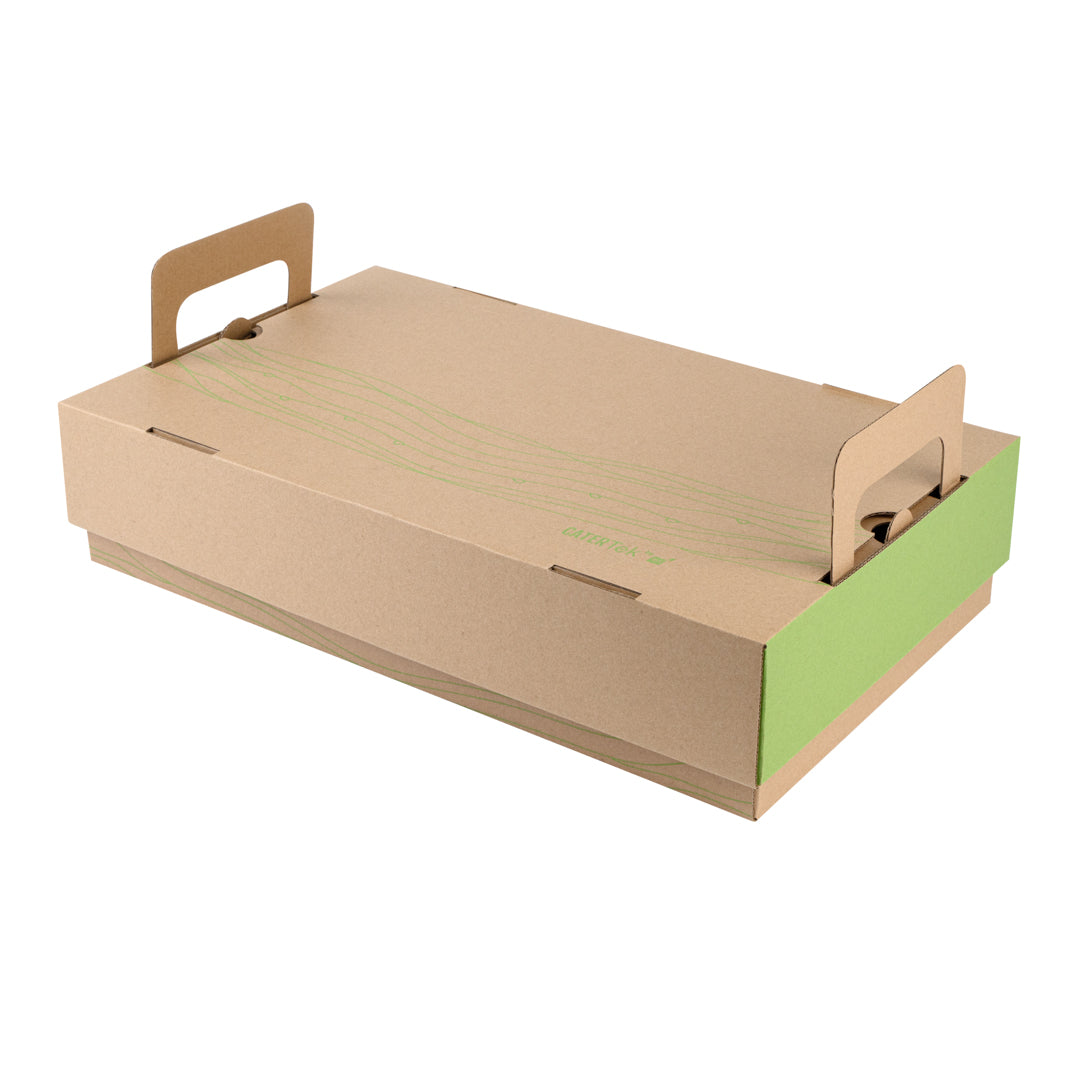 Cater Tek Rectangle Kraft and Green Paper Catering Tray - with Cover - 20" x 11 3/4" x 3 1/4" - 10 count box