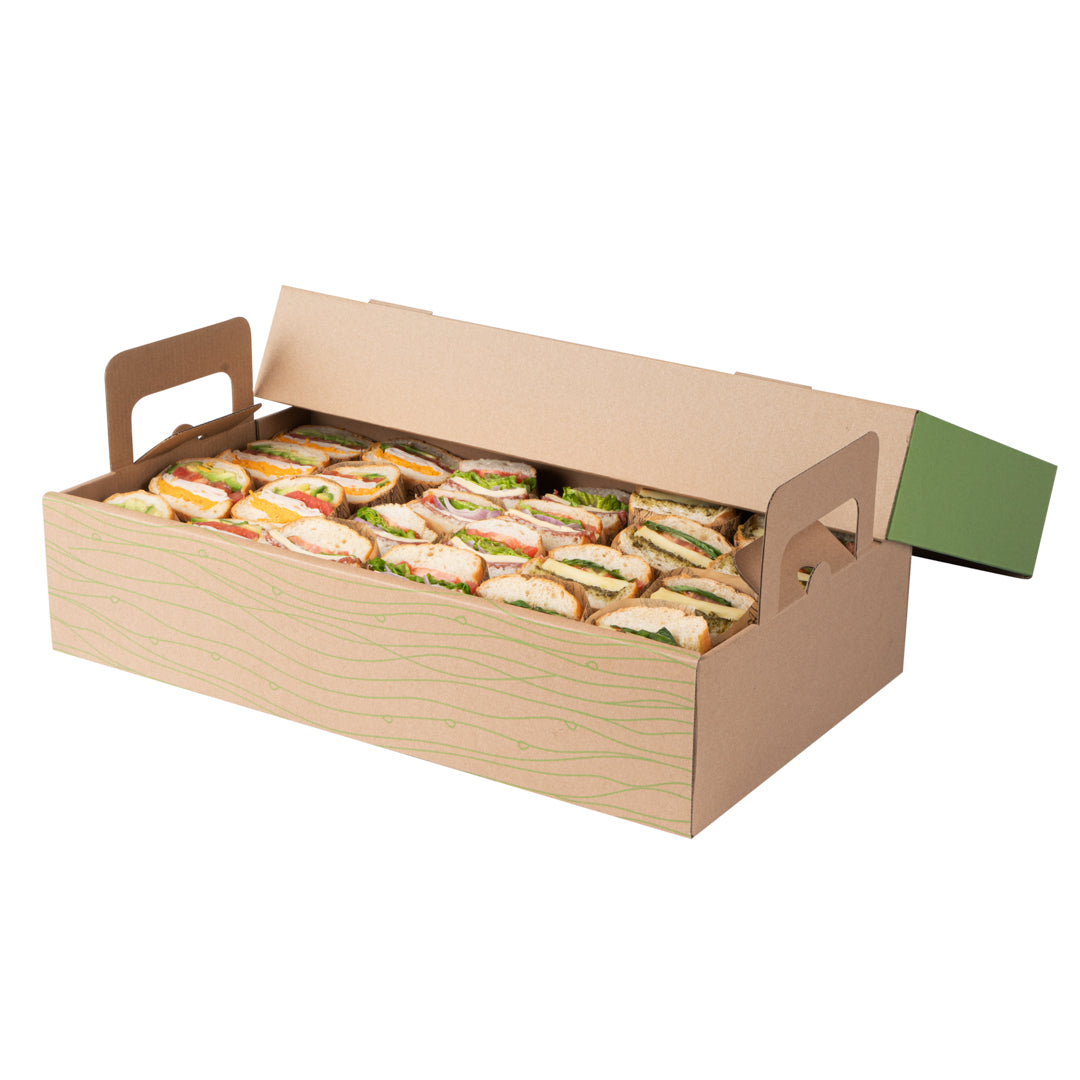 Cater Tek Rectangle Kraft and Green Paper Catering Tray - with Cover - 20" x 11 3/4" x 3 1/4" - 10 count box