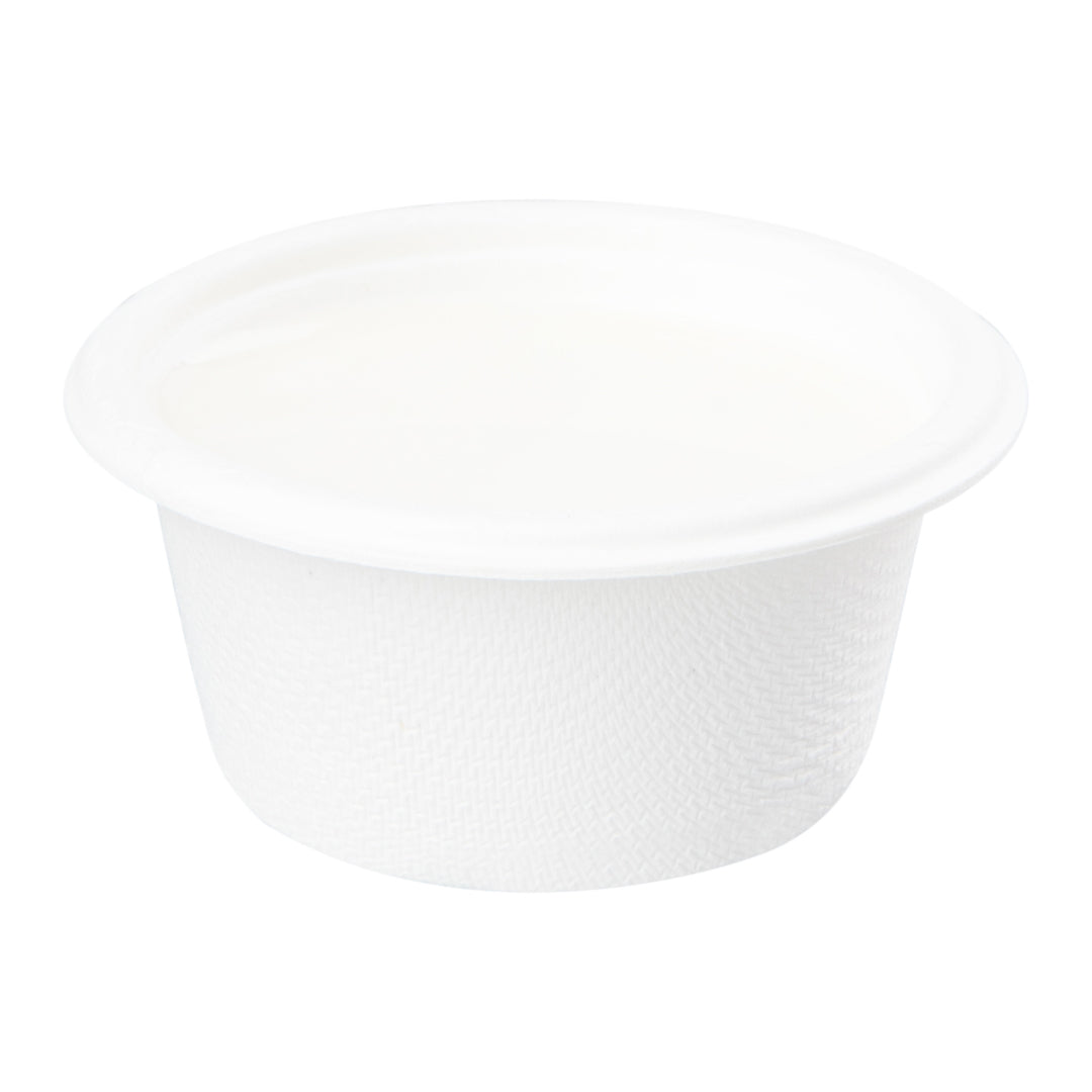 Pulp Tek 2 oz Round White Bagasse Take Out Portion Cup - 2 1/2" x 2 1/2" x 1 1/2" - 2000 count box