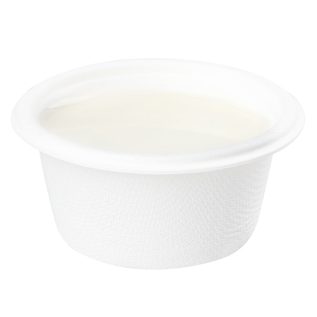 Pulp Tek 2 oz Round White Bagasse Take Out Portion Cup - 2 1/2" x 2 1/2" x 1 1/2" - 2000 count box