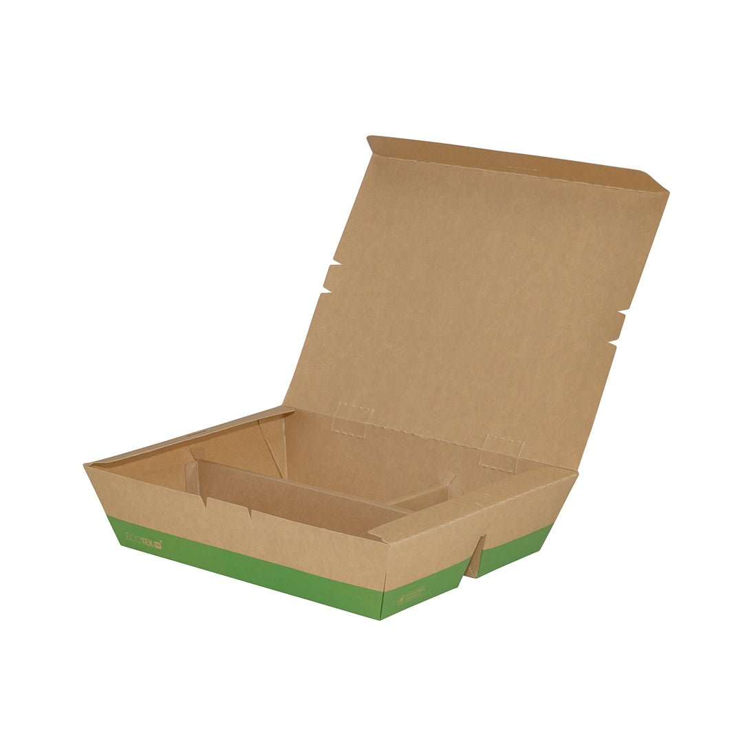 Eco Tek 51 oz Rectangle Kraft and Green Paper Bento Box - 3-Compartment, Compostable - 9 1/2" x 7 1/2" x 2" - 100 count box