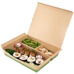 Eco Tek 78 oz Rectangle Kraft and Green Paper Bento Box - 3-Compartment, Compostable - 11