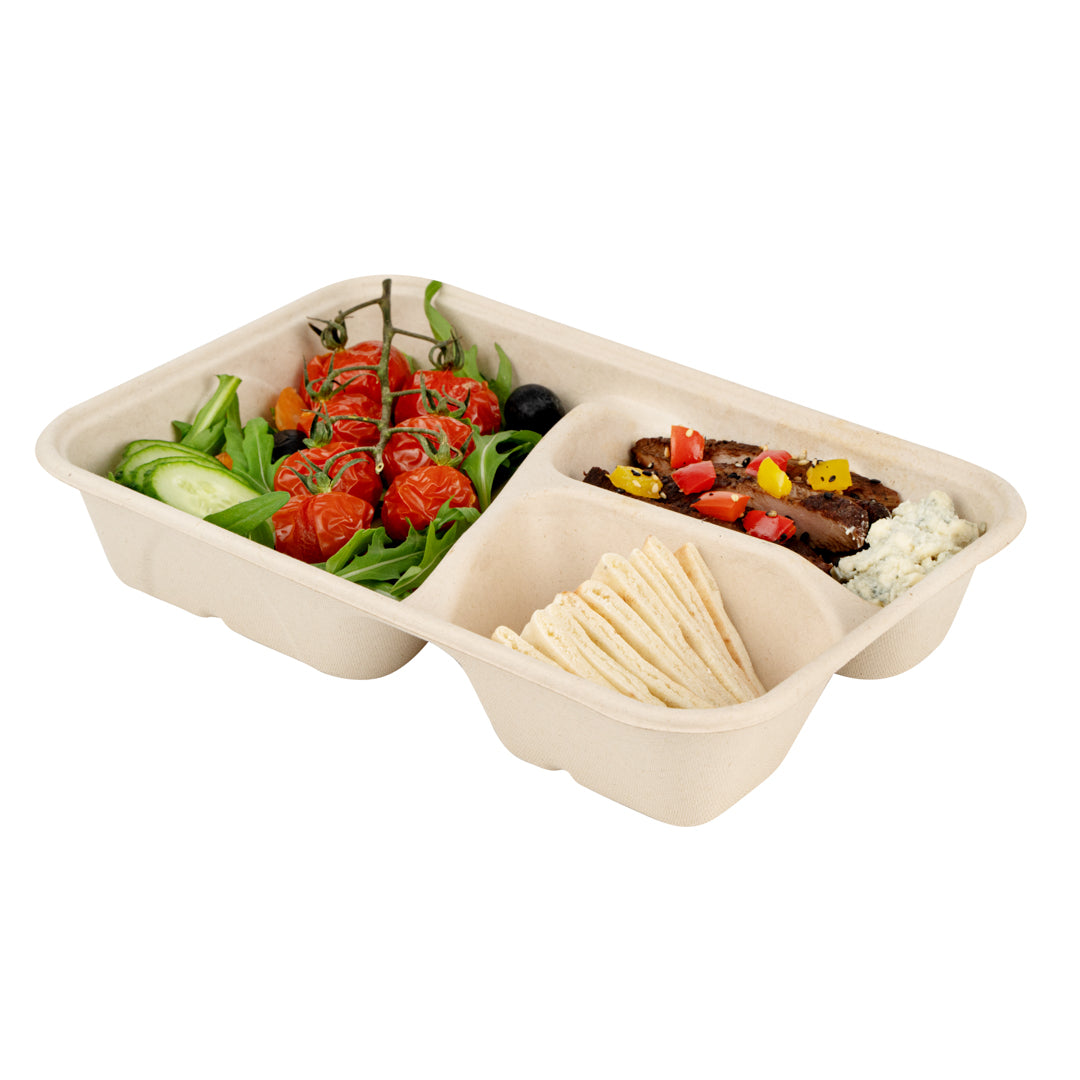 Pulp Tek 30 oz Rectangle Natural Sugarcane / Bagasse To Go Container - 3-Compartment - 9 1/2" x 6 1/4" x 1 3/4" - 100 count box