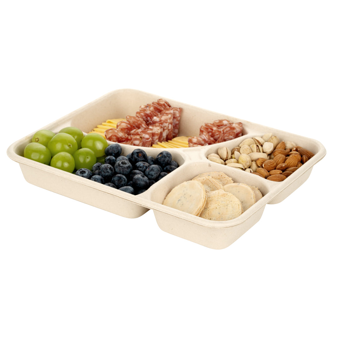 Pulp Tek 43 oz Rectangle Natural Sugarcane / Bagasse To Go Tray - 4-Compartment - 11" x 8 1/2" x 1 1/2" - 100 count box