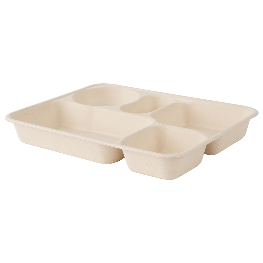 Pulp Tek 43 oz Rectangle Natural Bagasse To Go Tray - 5-Compartment - 11" x 8 1/2" x 1 1/2" - 100 count box